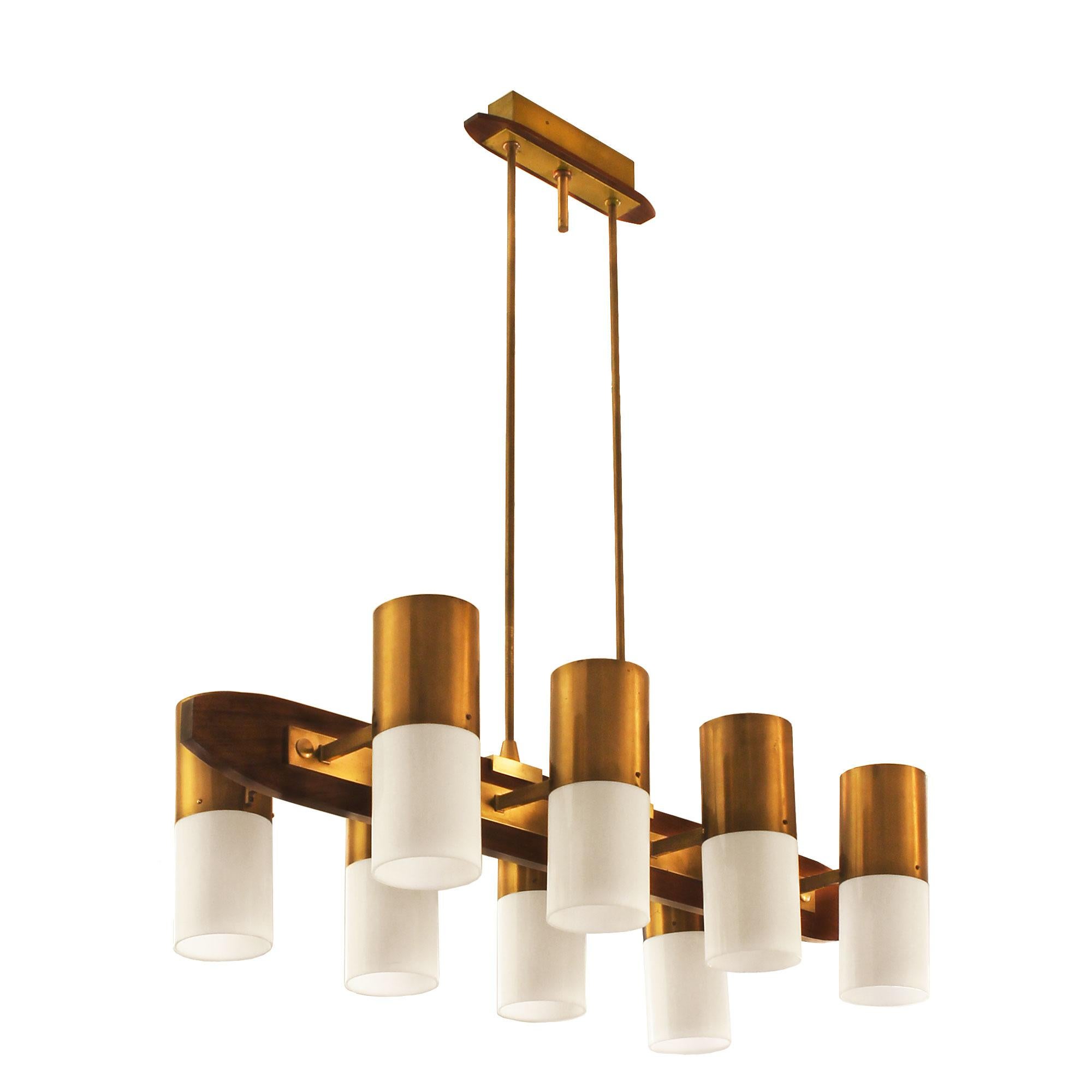 Mid-Century Modern 1960´s Chandelier 8 lights, solid teak, brass and plexiglass - Italy