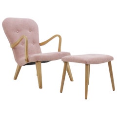 1960s Danish Oak Lounge Chair with Stool