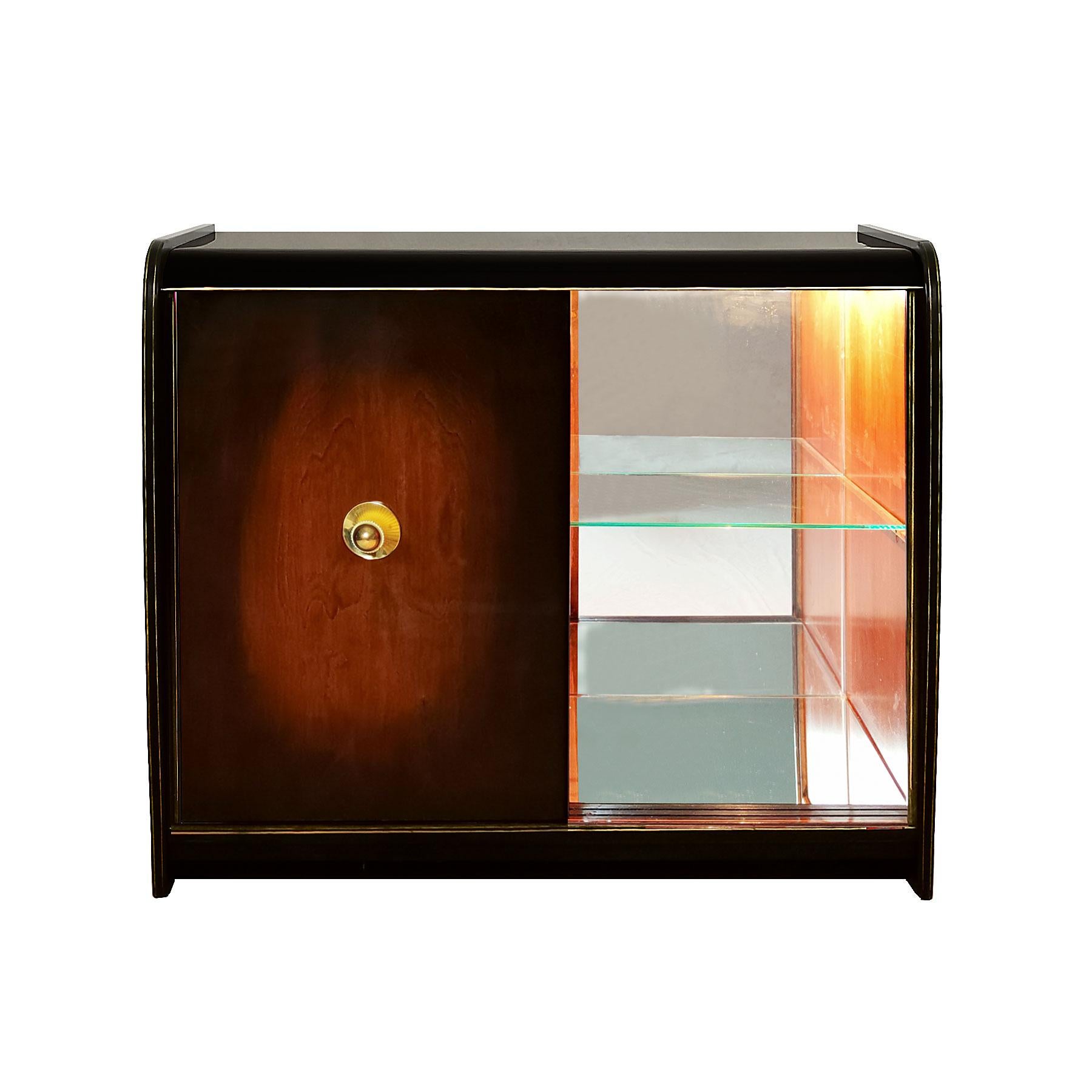 Mirror Mid-Century Modern Dry Bar, Two Sliding Doors, Glass, Walnut - Spain, Barcelona For Sale