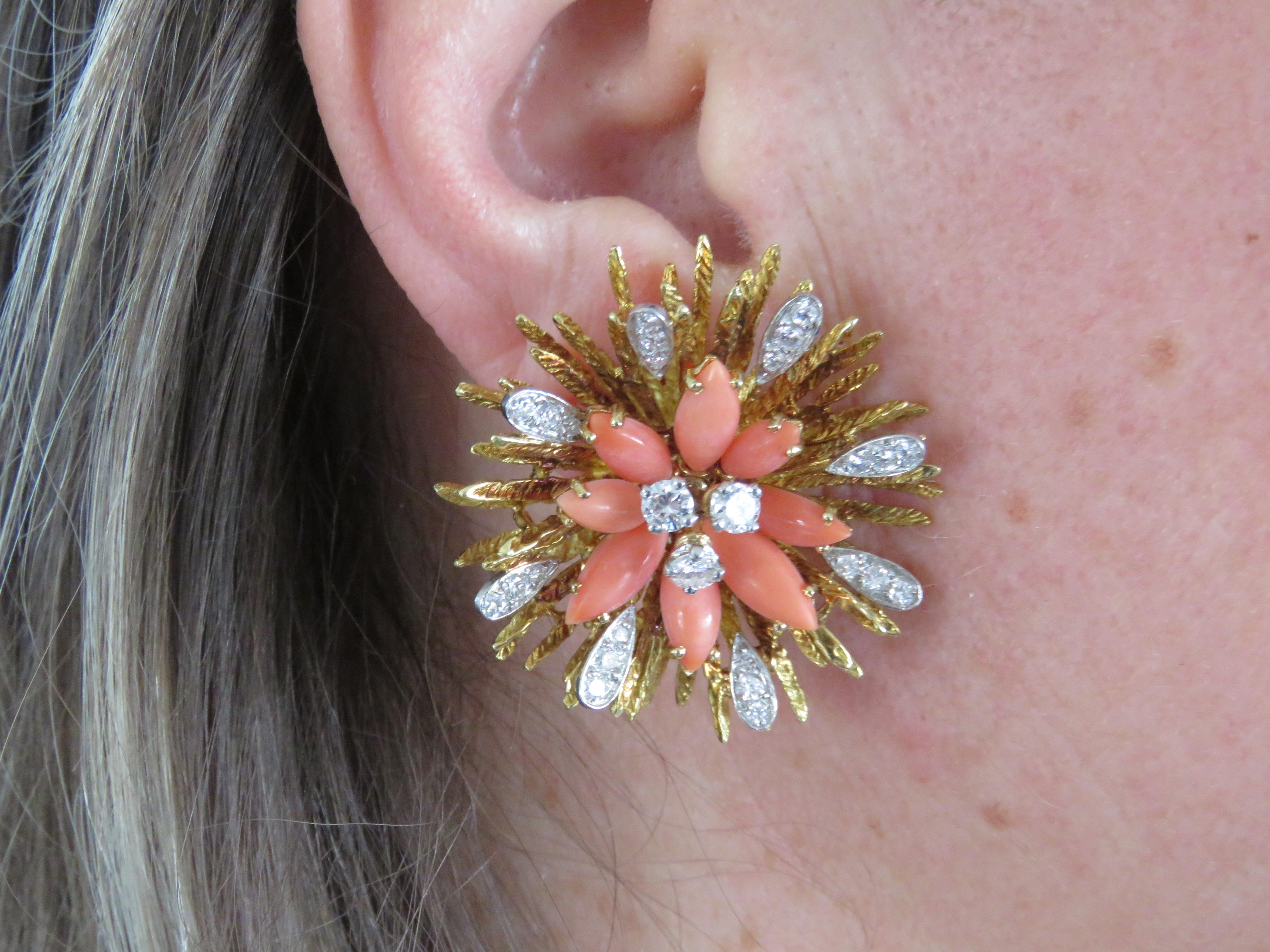 French Cut 1960s French Coral Diamond Flower Gold Platinum Earrings
