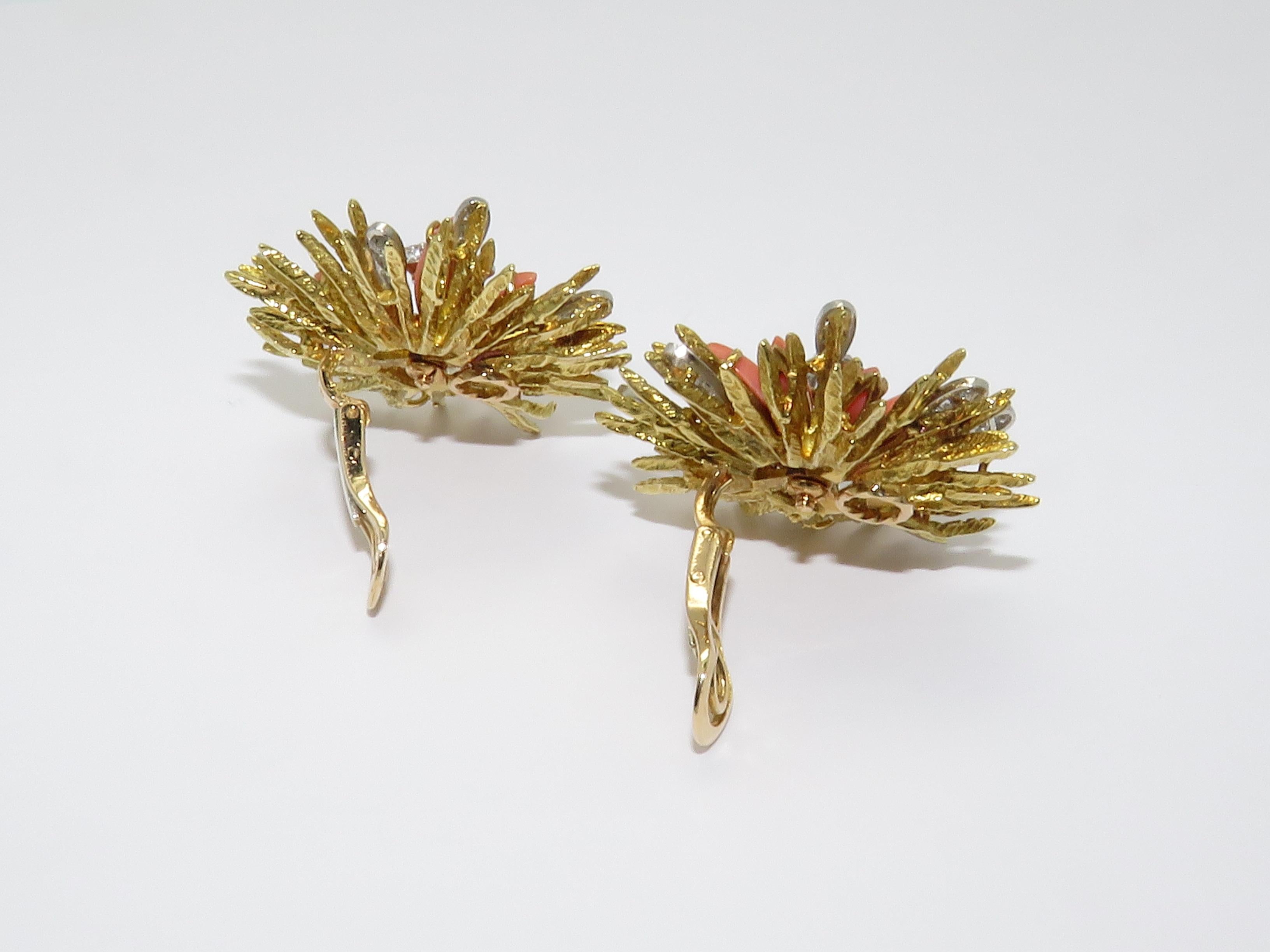 Women's or Men's 1960s French Coral Diamond Flower Gold Platinum Earrings