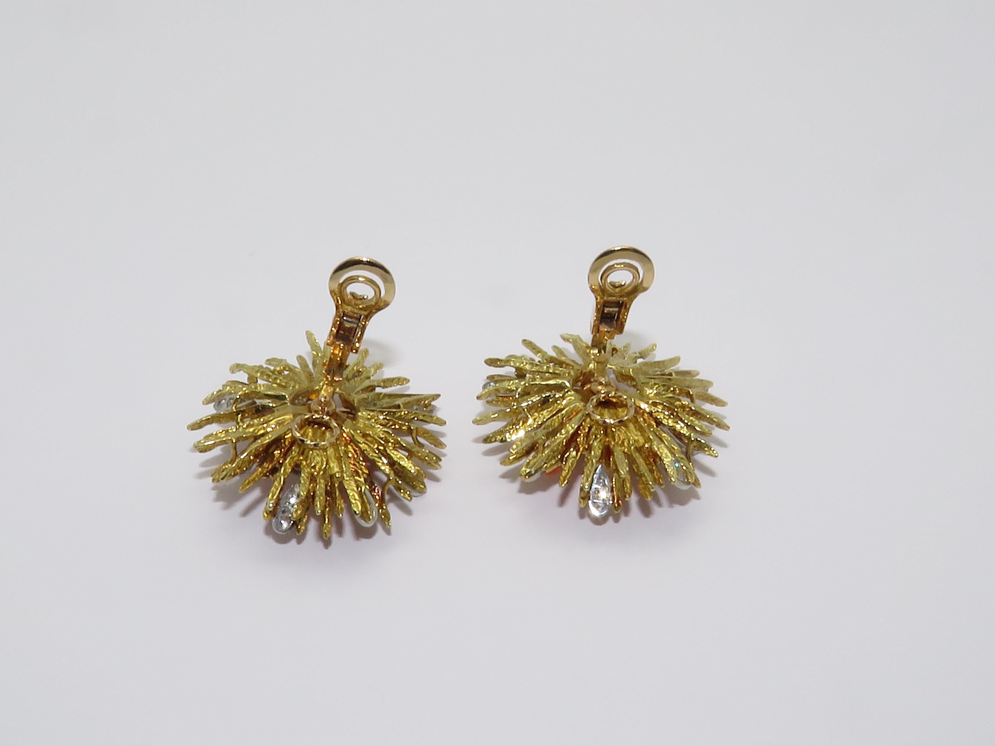 1960s French Coral Diamond Flower Gold Platinum Earrings 1