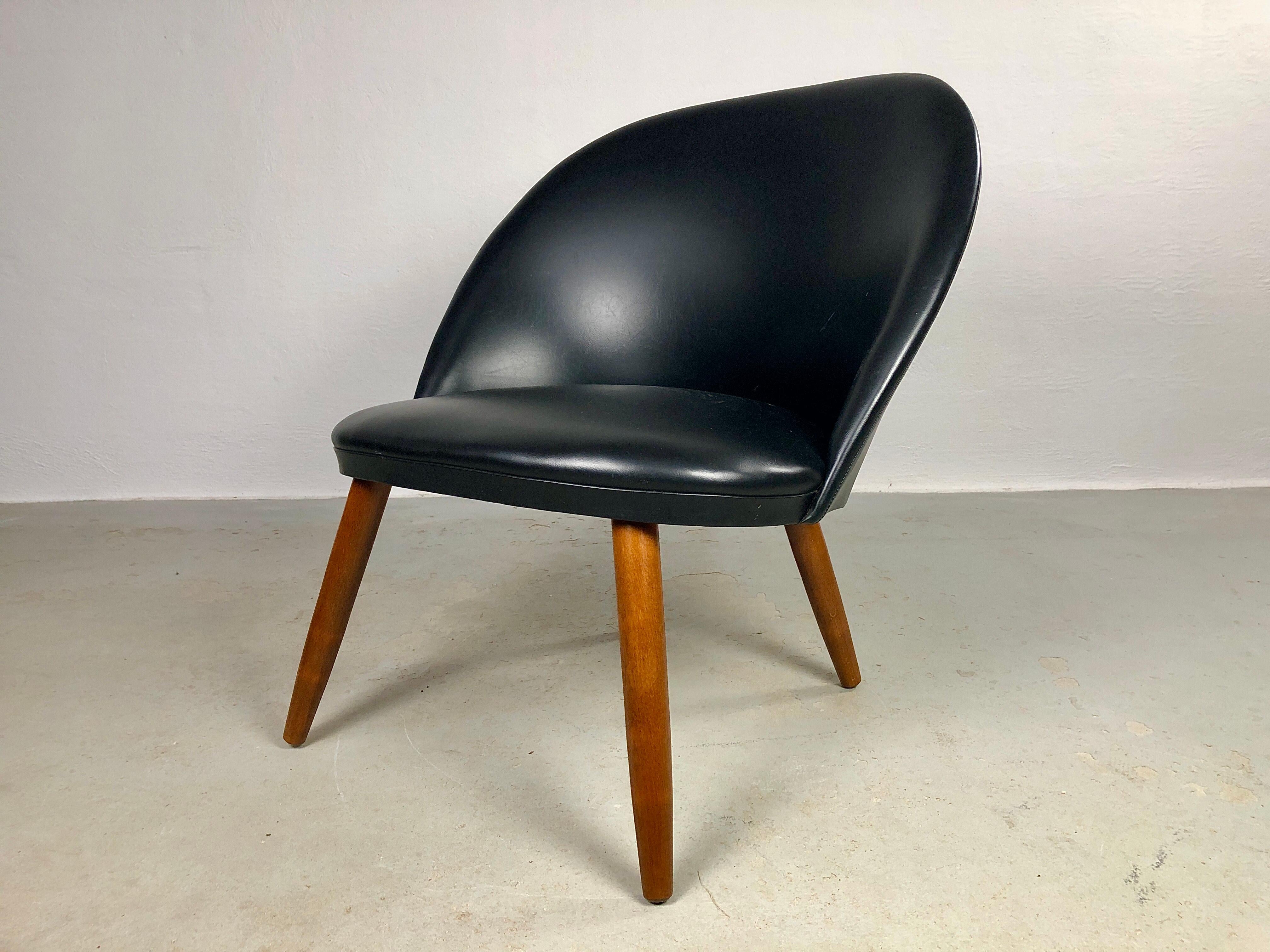 Scandinavian Modern 1960's Fully Restored Danish Lounge Chair Reupholstered in Black Leather For Sale