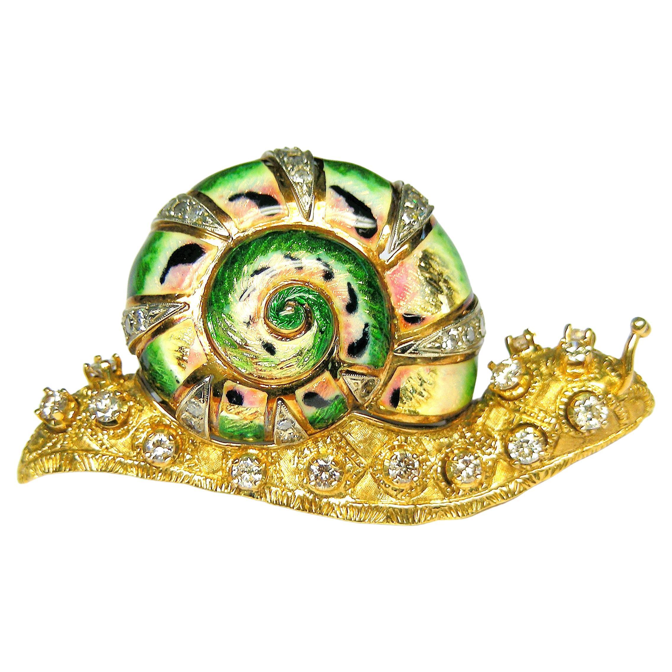 1960's Italian Enamel Snail in 18k Gold and Diamonds Brooche For Sale