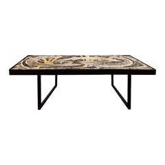 1960s Large Coffee Table, Stone Mosaic, Concrete, Blackened Steel, France