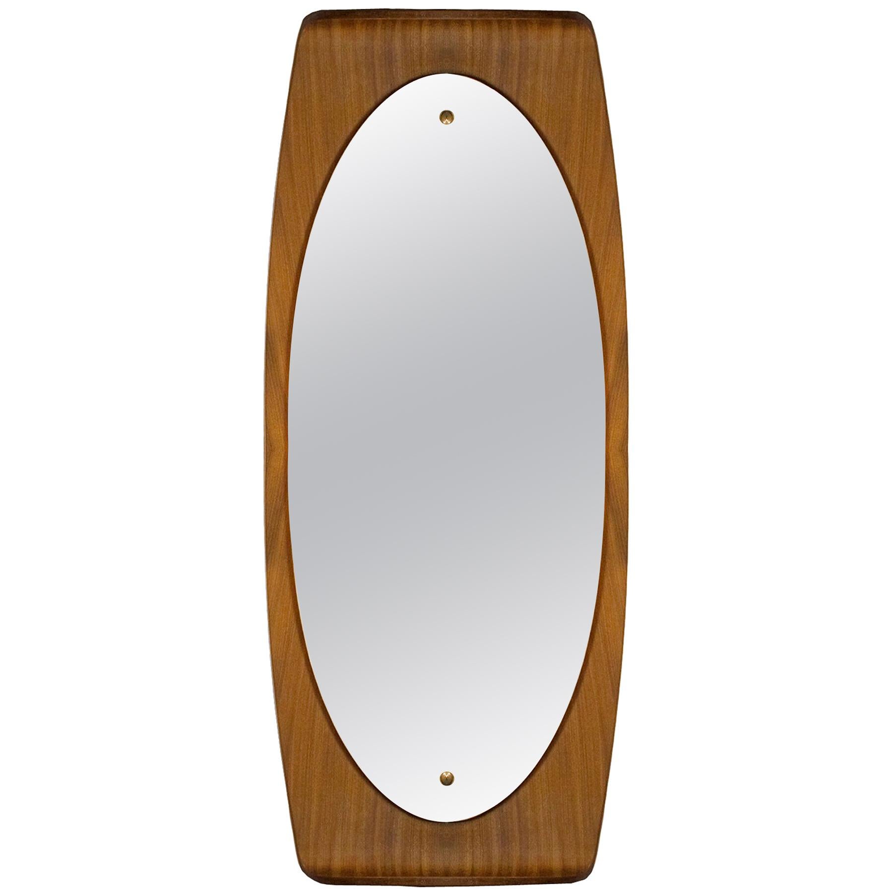 Large Mid-Century Modern Curved Mirror by Campo & Graffi, Teak, Brass - Italy For Sale