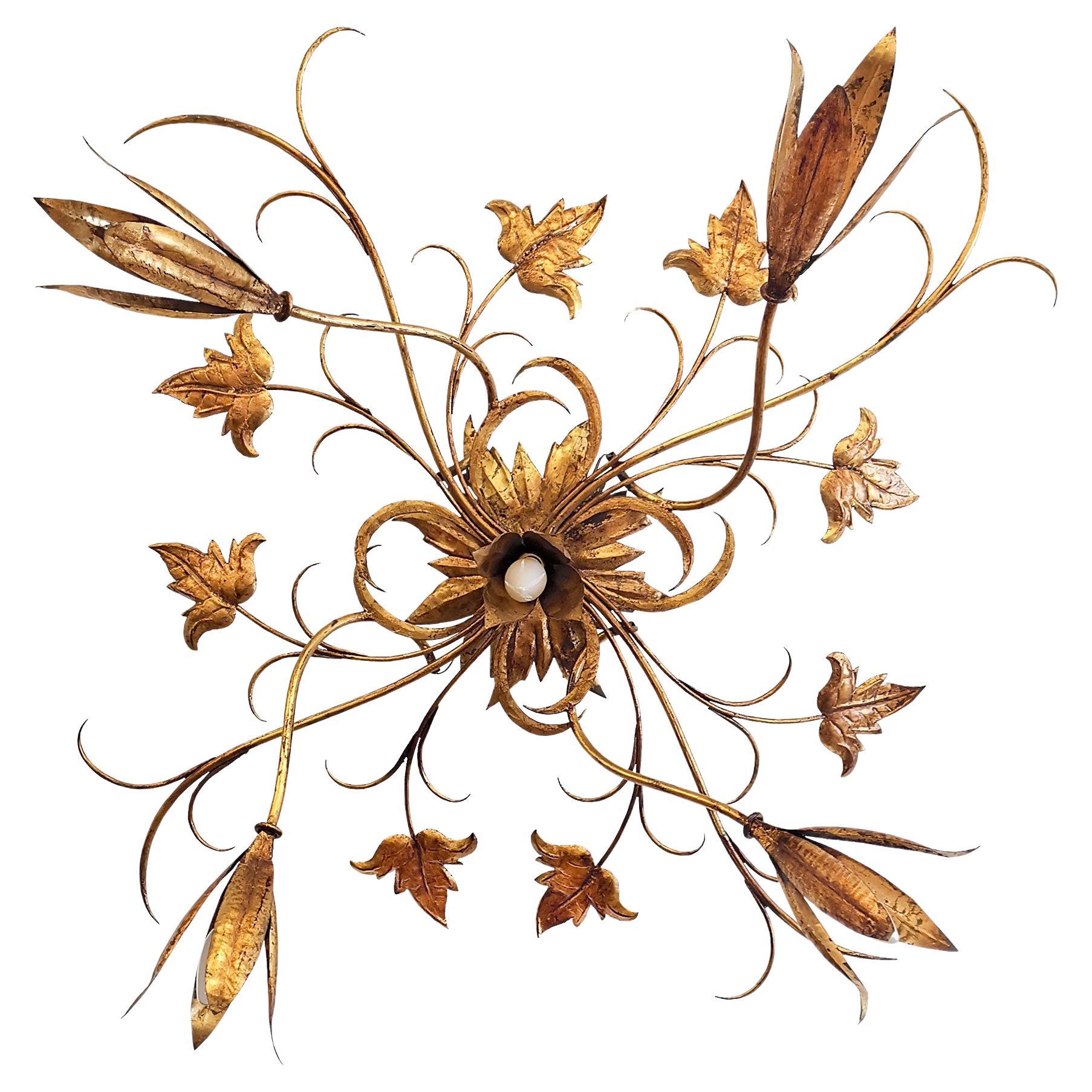 1960´s Large Floral Ceiling or Wall Light, Five Lights, Wrought Iron, Spain