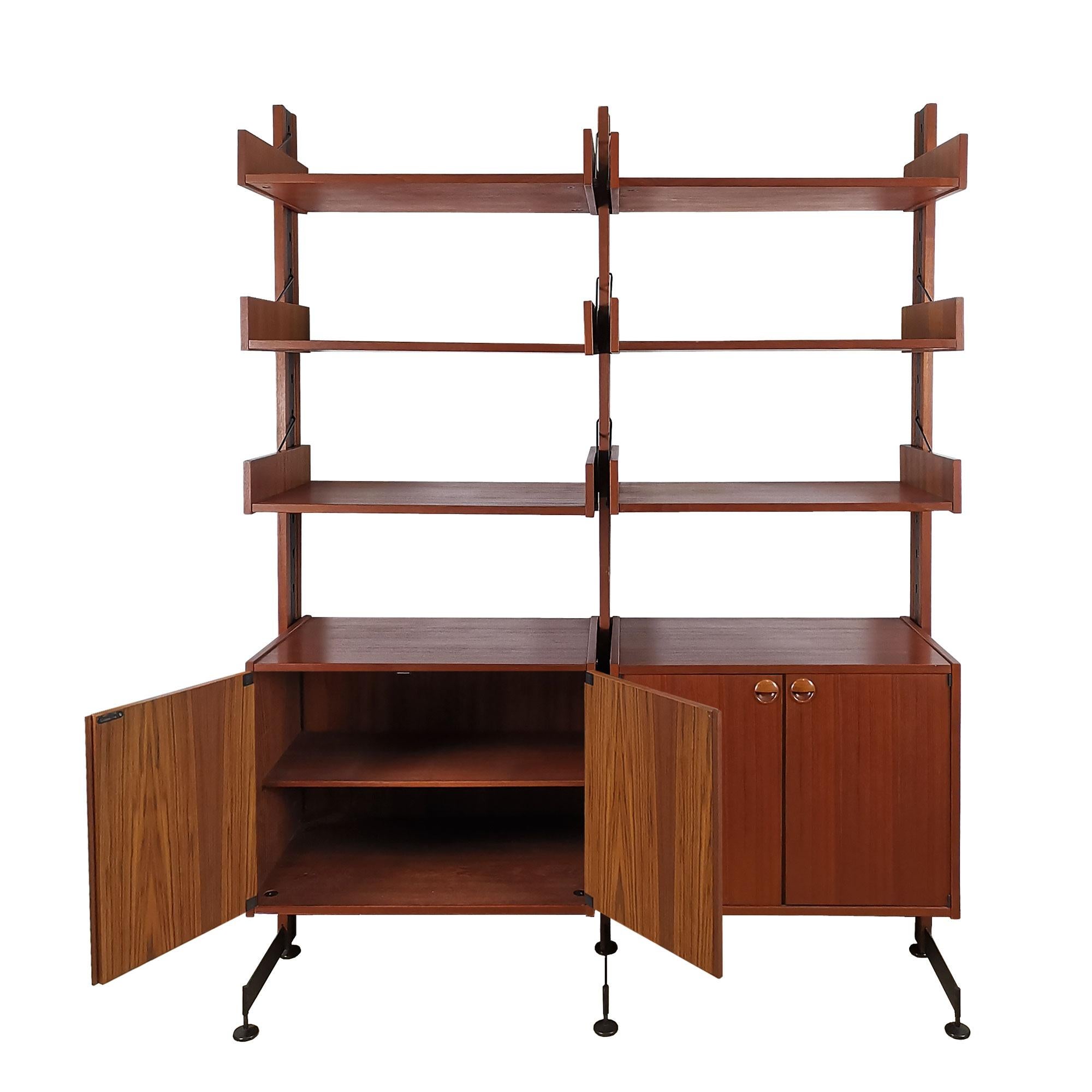Italian Mid-Century Modern Modular Cabinet with Six Shelves, Teak, Steel, Brass - Italy For Sale