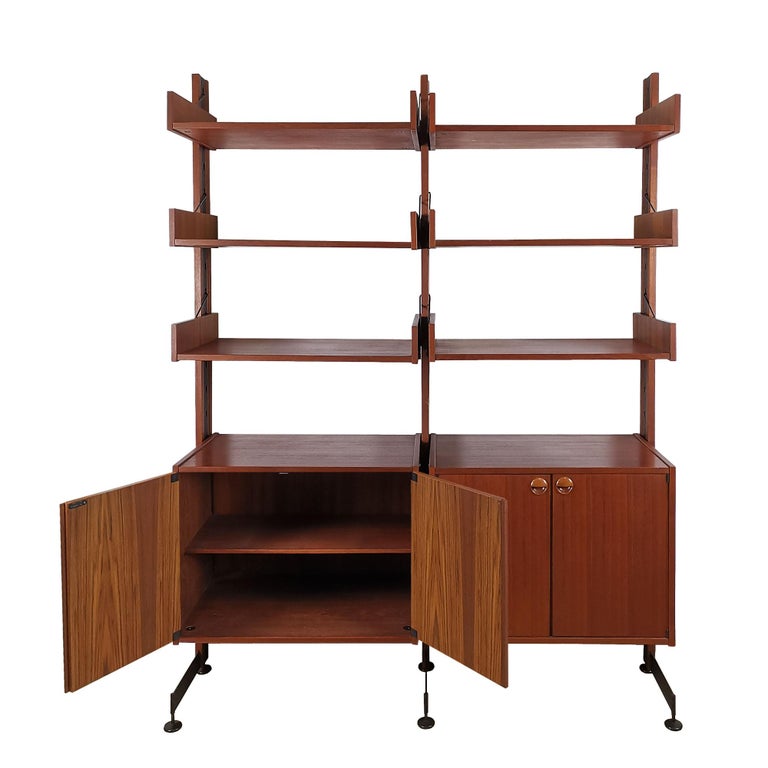 Mid-Century Modern 1960´s Modular Cabinet, Two Blocks, Six Shelves, Teak, Steel, Brass, Italy For Sale