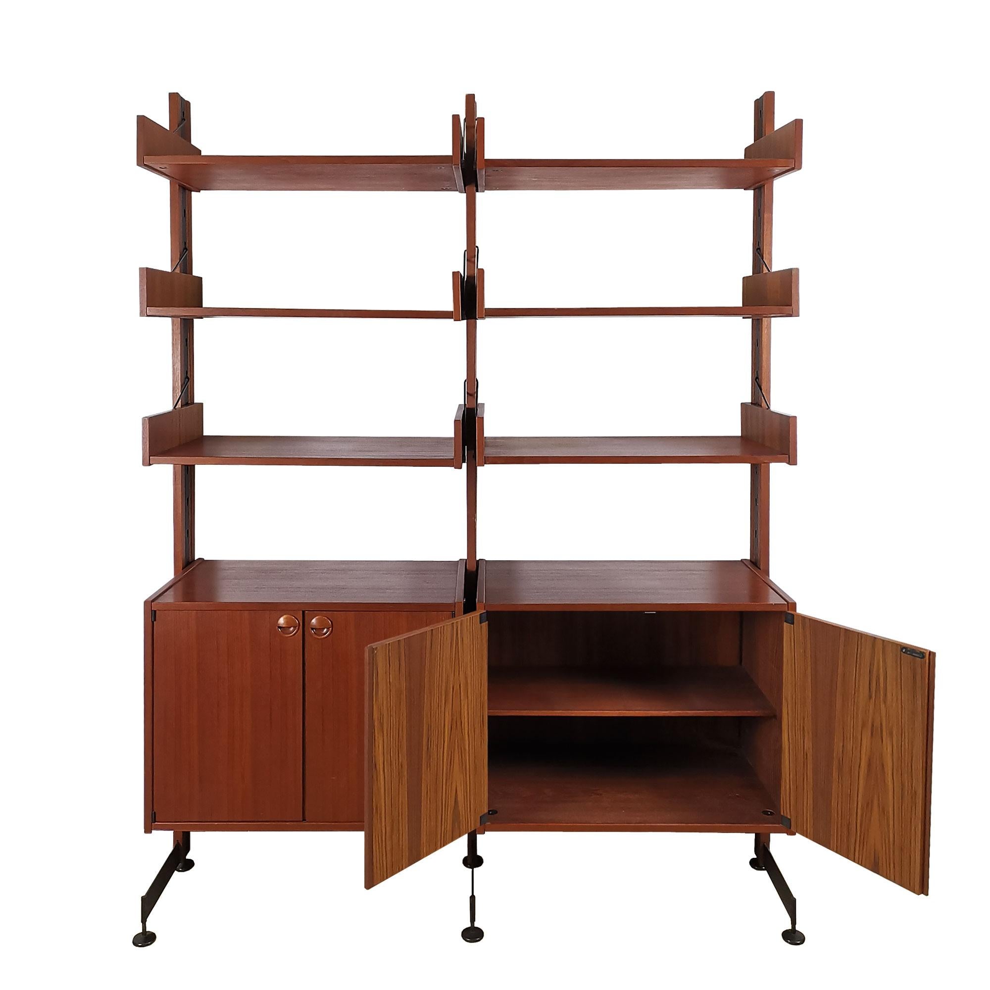Blackened Mid-Century Modern Modular Cabinet with Six Shelves, Teak, Steel, Brass - Italy For Sale