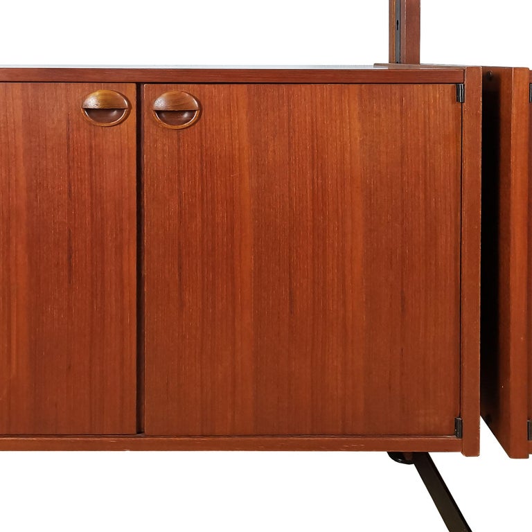 Blackened 1960´s Modular Cabinet, Two Blocks, Six Shelves, Teak, Steel, Brass, Italy For Sale