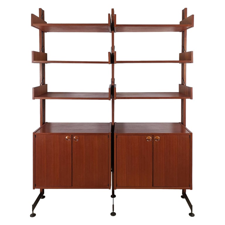 1960´s Modular Cabinet, Two Blocks, Six Shelves, Teak, Steel, Brass, Italy For Sale