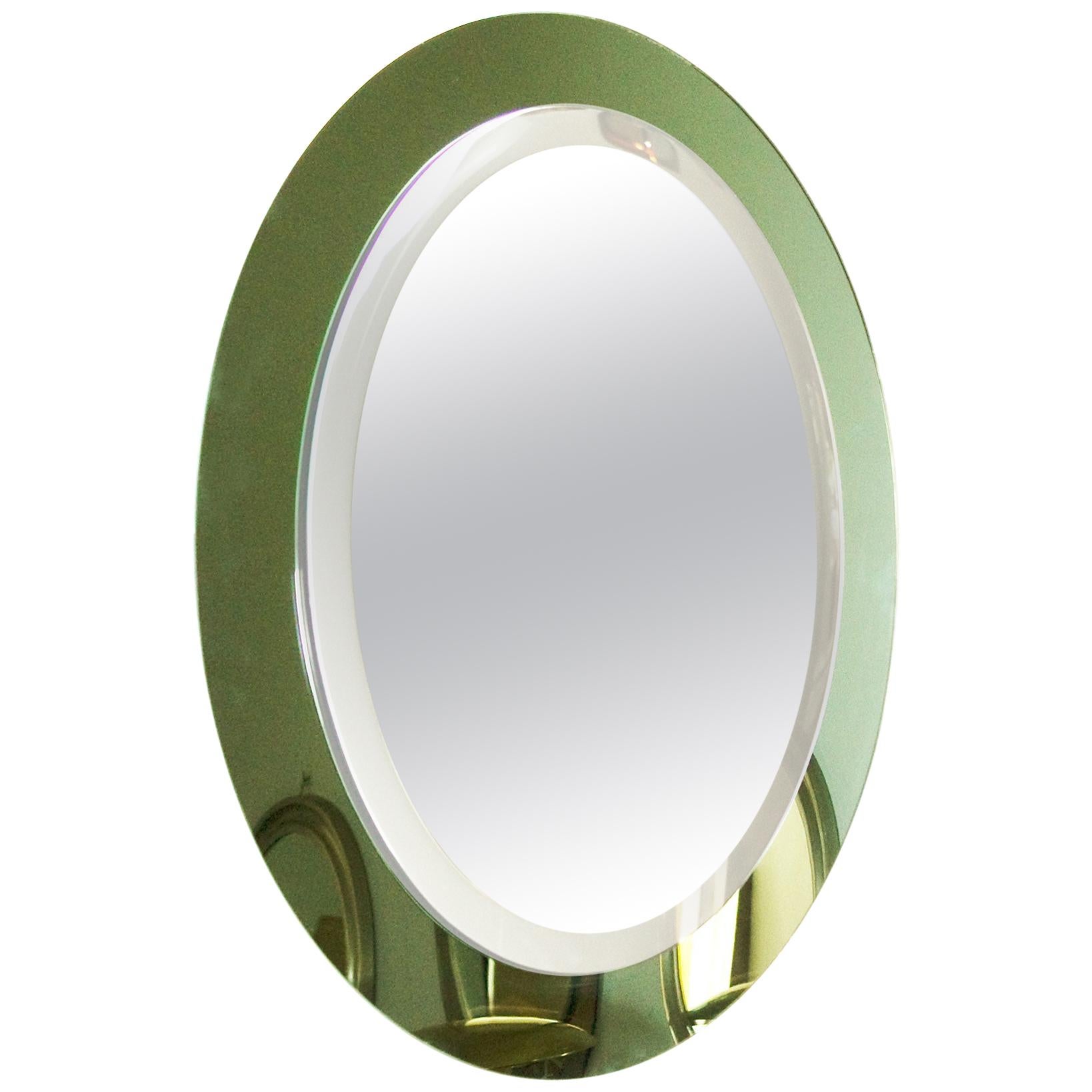 1960s Oval Back Beveled Mirror, Light Green Mirror Frame, Italy