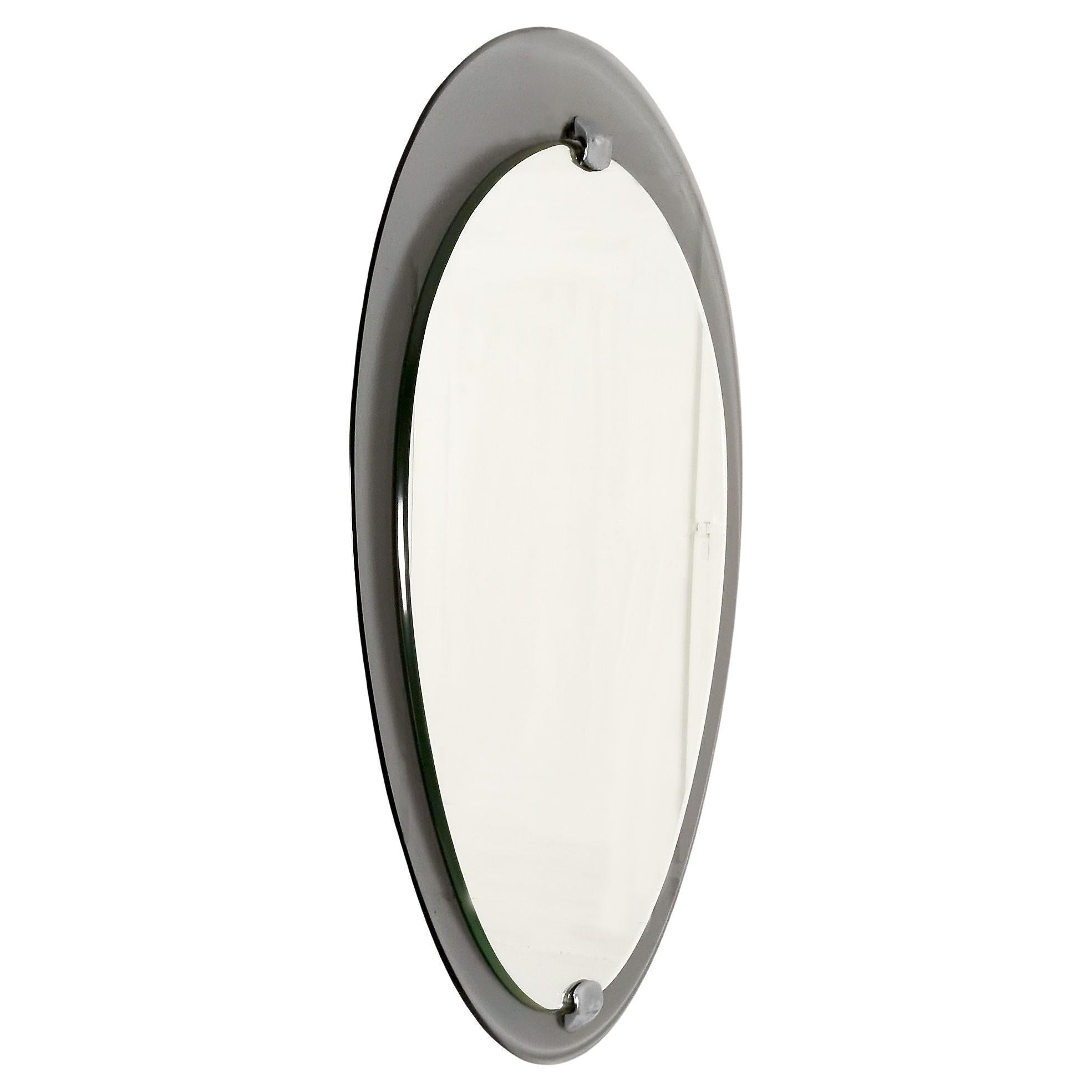 1960's Oval Beveled Mirror, Smocked Gray Glass Frame, Aluminum, Italy