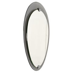 1960's Oval Beveled Mirror, Smocked Gray Glass Frame, Aluminum, Italy