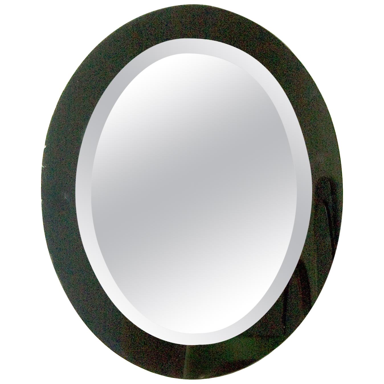1960s Oval Beveled Mirror, Smoked Green Mirror Frame, Italy