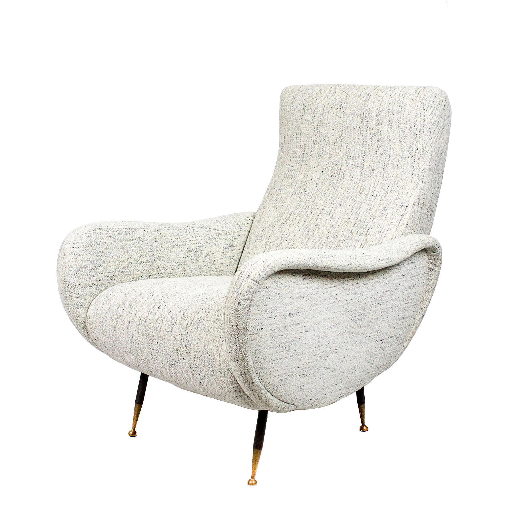 Italian Pair of Mid-Century Modern Armchairs, Steel and Brass, Flecked Fabric - Italy For Sale