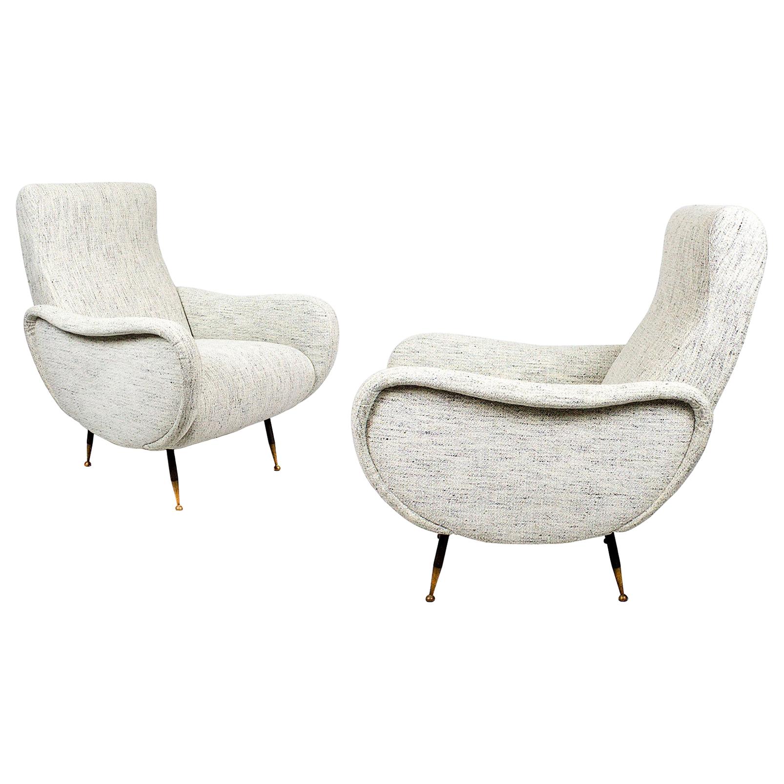 Pair of Mid-Century Modern Armchairs, Steel and Brass, Flecked Fabric - Italy