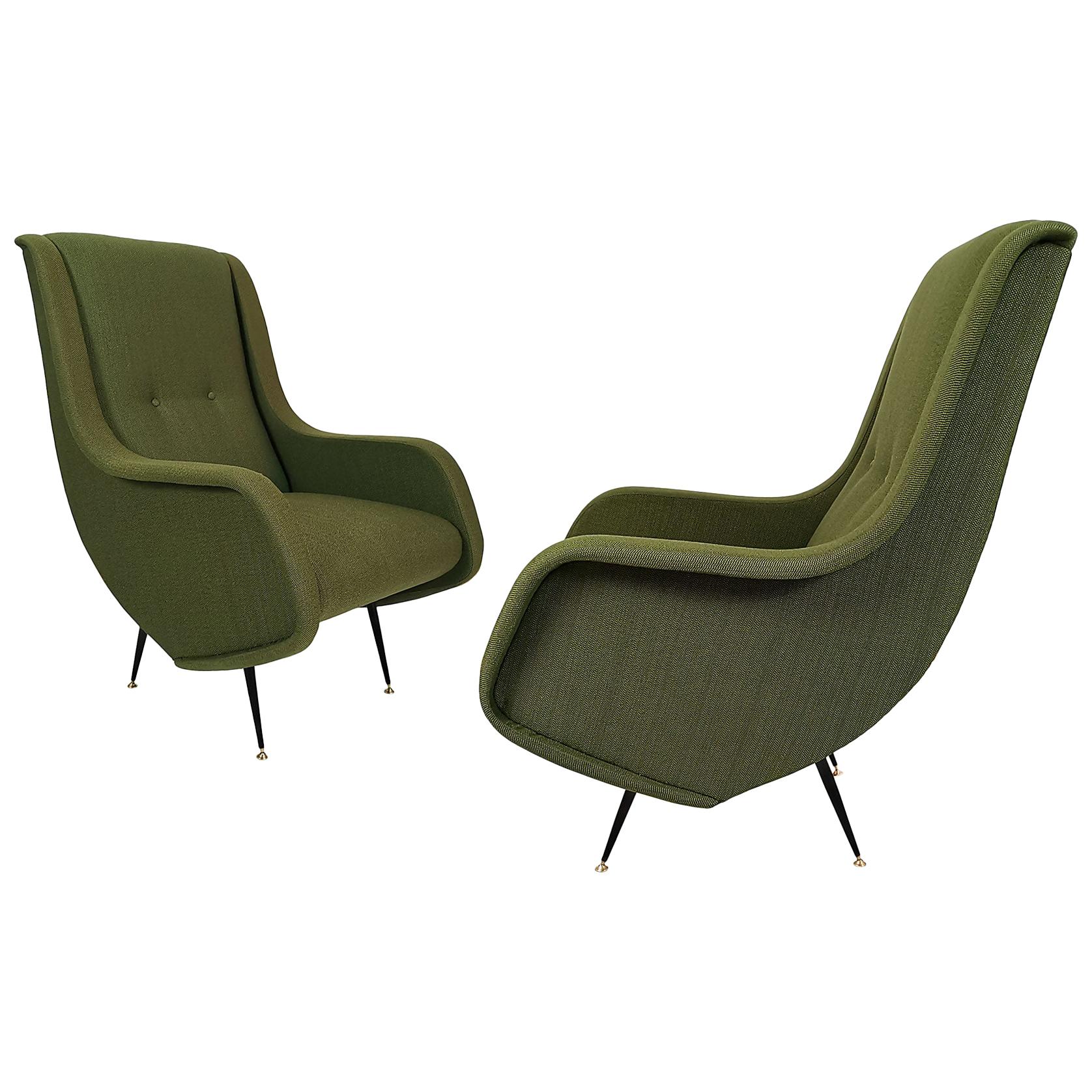 Pair of Mid-Century Modern Armchairs, High Backs, Olive Green Fabric - Italy