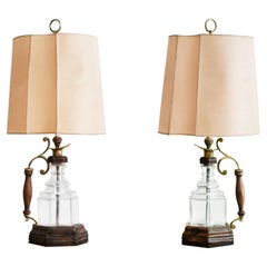 Vintage 1960´s Pair of Table Lamps by Valentí, Larch Wood, Glass and Brass, Spain