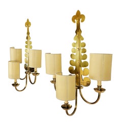 1960s Pair of Wall Lights by Valentí, Three Arms, Brass, Parchment, Barcelona