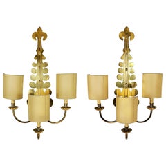 1960s Pair of Wall Lights by Valentí, Three Arms, Brass, Parchment, Barcelona