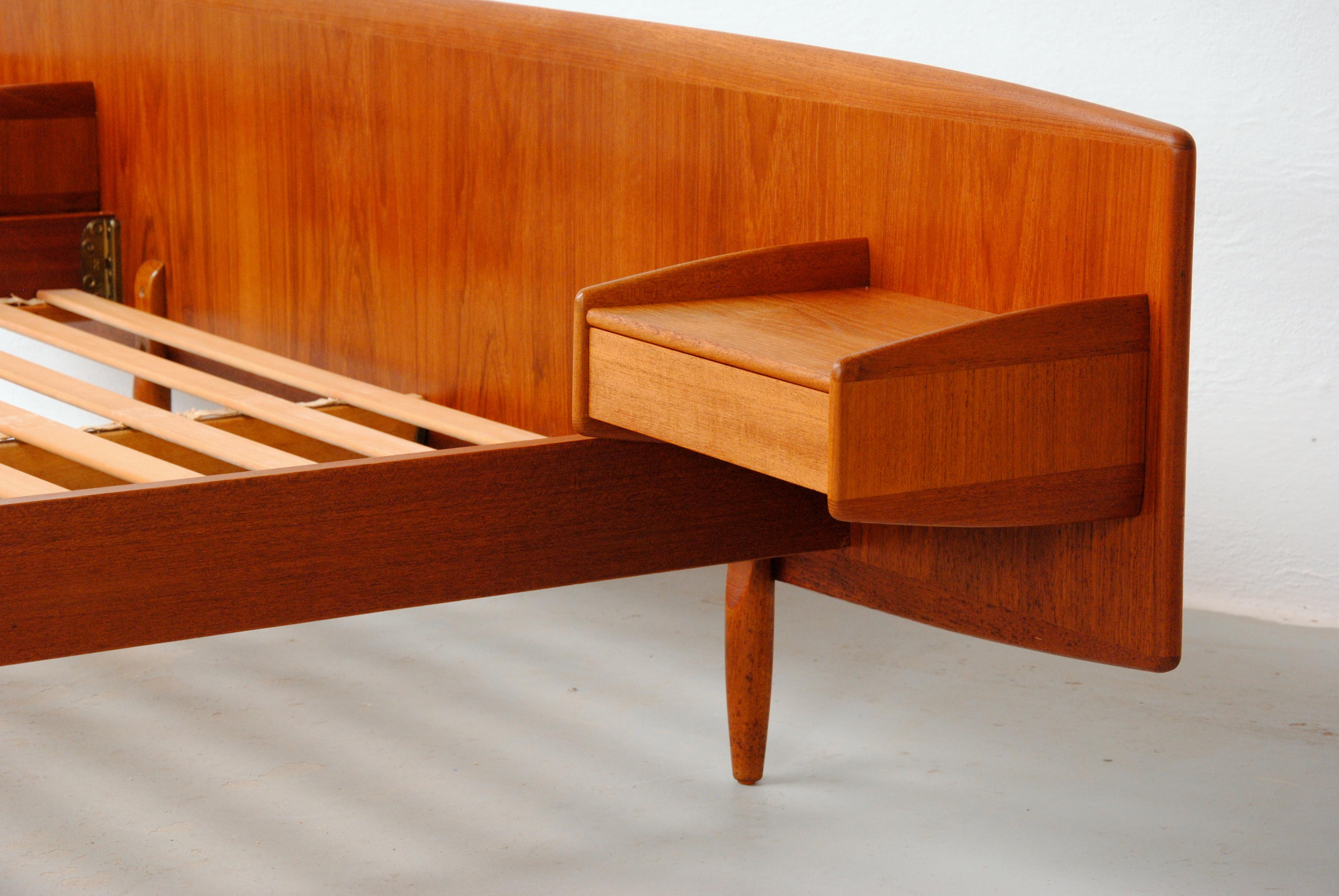 Scandinavian Modern 1960's Restored Danish Melvin Mikkelsen Teak Bed with Integrated Nightstands