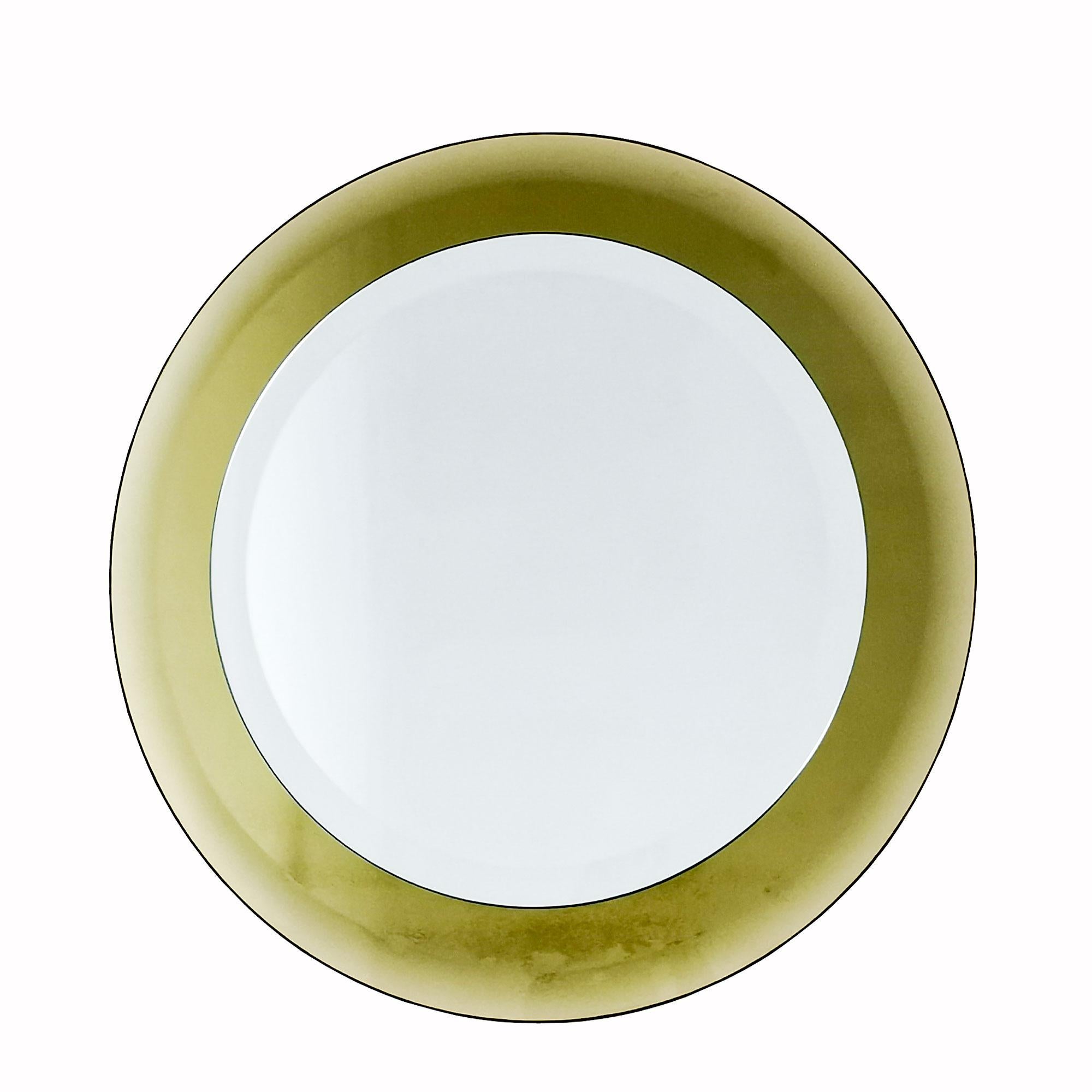 Italian Mid-Century Modern Round Golden-Yellow Beveled Framed Mirror - Italy