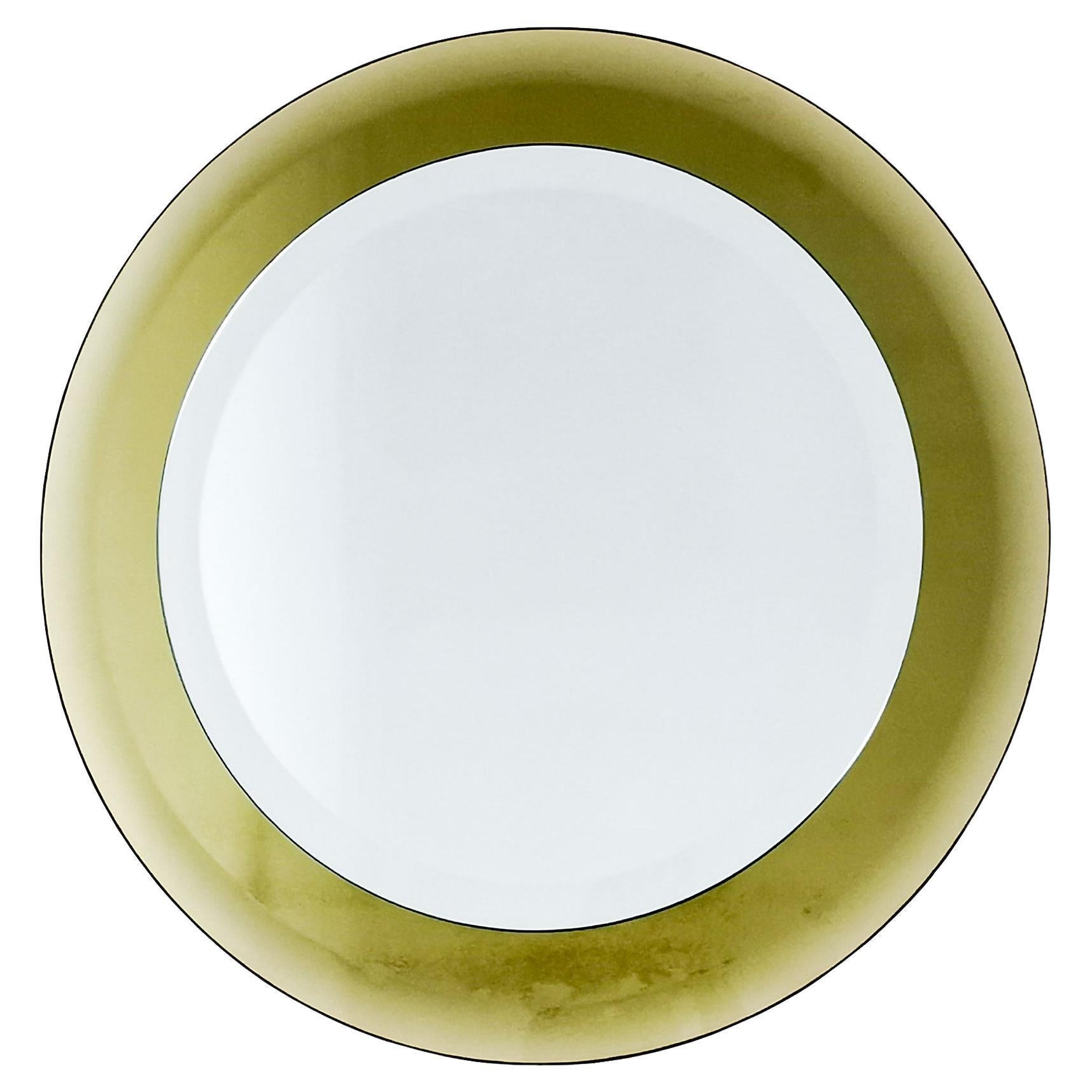 Mid-Century Modern Round Golden-Yellow Beveled Framed Mirror - Italy