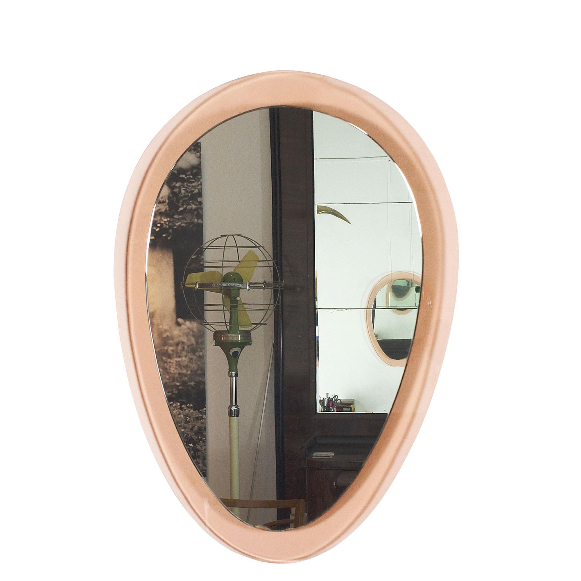 Mid-Century Modern 1960´s Rounded Triangular Mirror, Pink Transparent Glass Frame, Italy