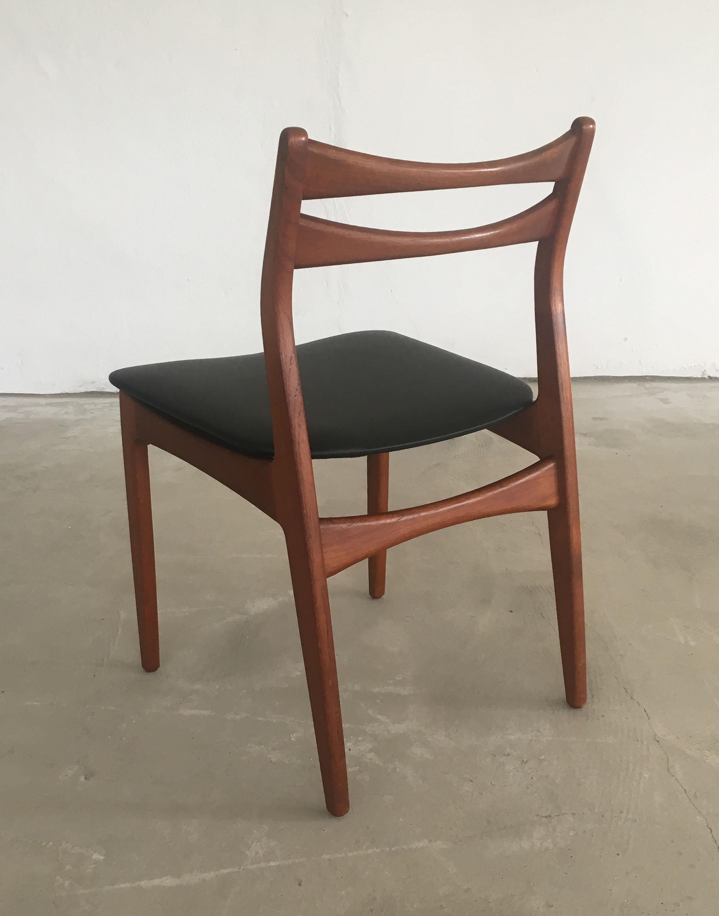 1960s Set of Four Danish Teak Dining Chairs Reupholstered in Black Faux Leather 1