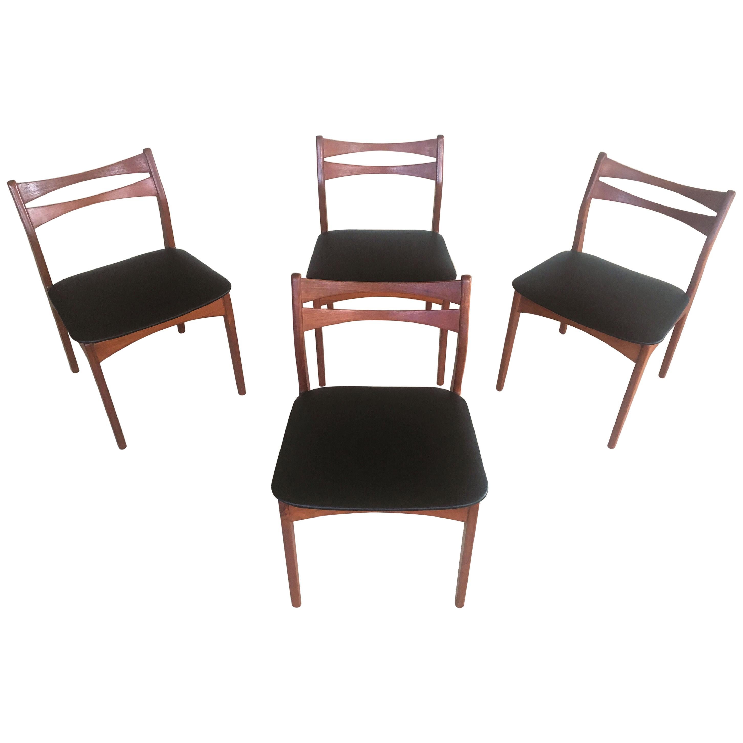 1960s Set of Four Danish Teak Dining Chairs Reupholstered in Black Faux Leather