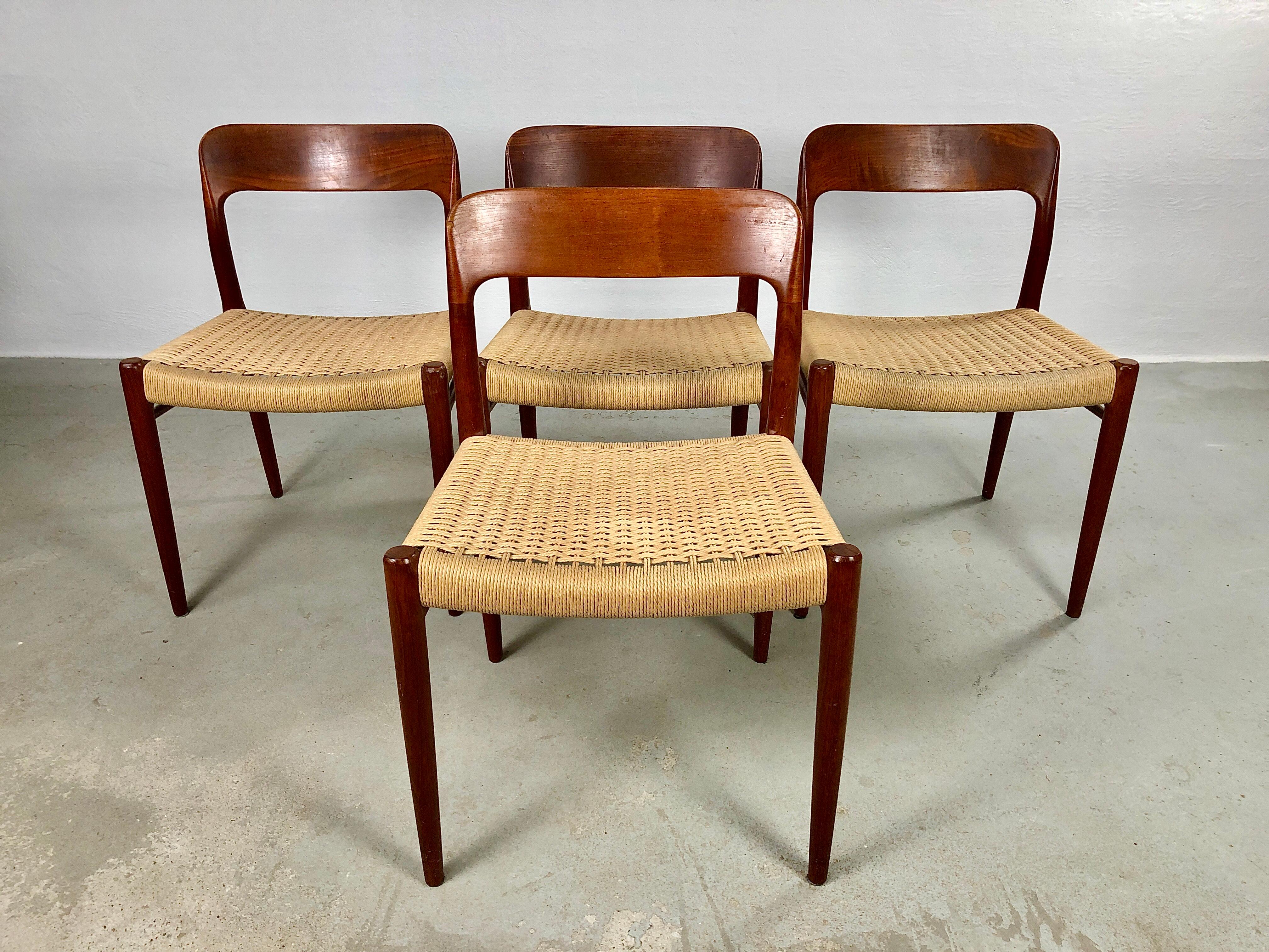 Set of four fully restored Niels Otto Møller model 77 teak dining chairs with papercord seats designed by by Niels Otto Møller in 1959 and produced by J.L. Møllers Møbelfabrik in the 1960´s.

Niels Otto Møller was among the top danish mid century