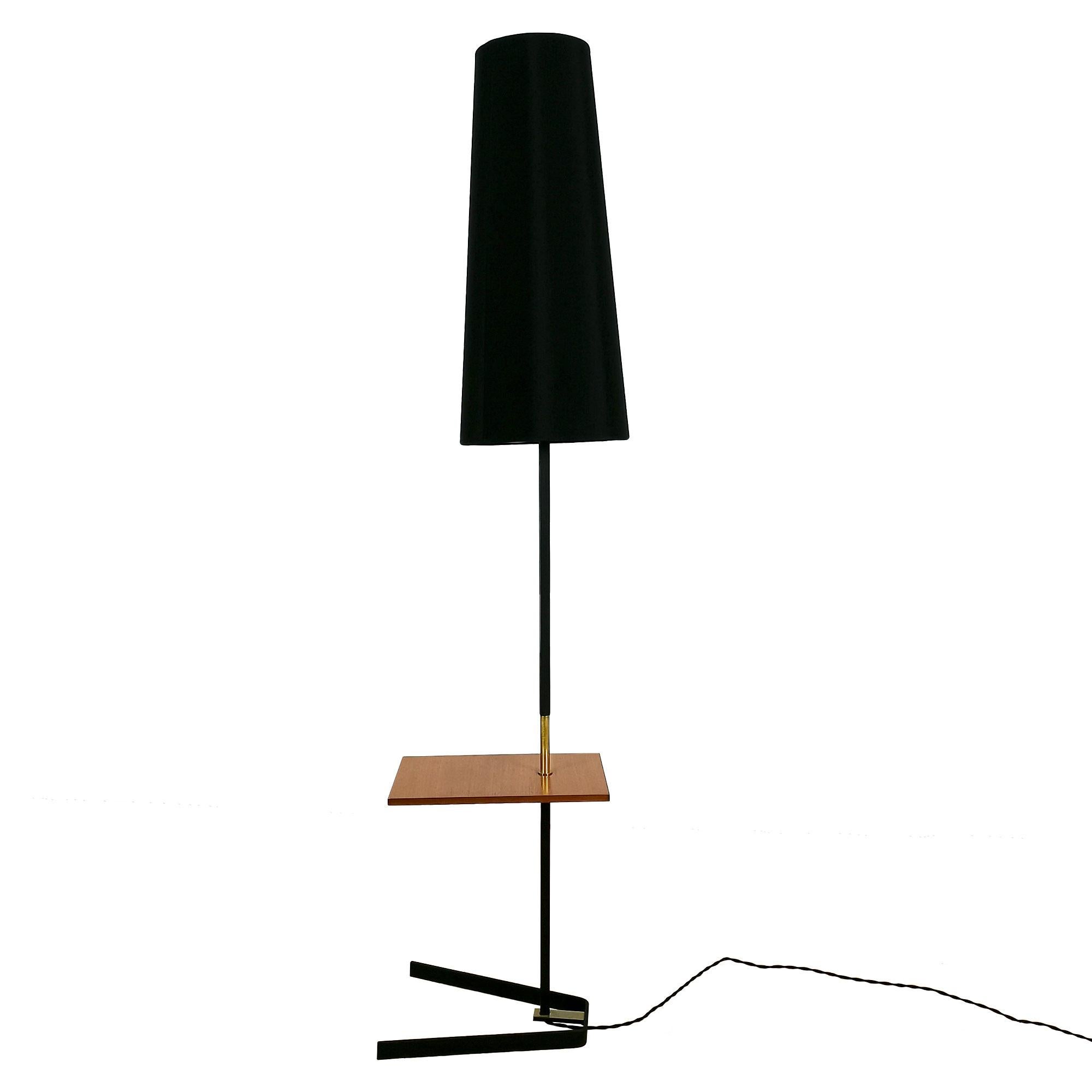 French Mid-Century Modern Standing Lamp with a Mahogany Shelf - France 1960s For Sale