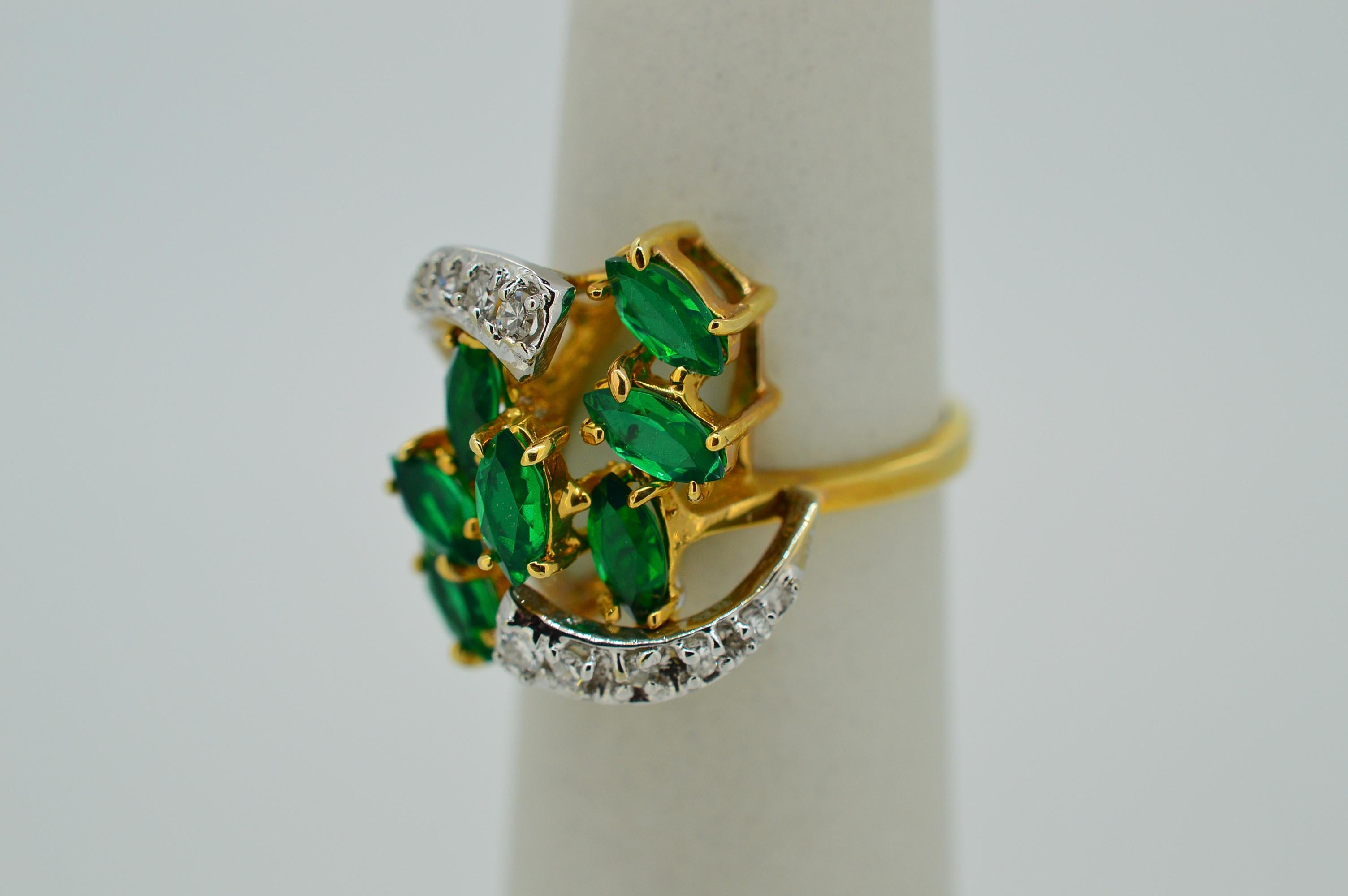 Marquise Cut 1960 's Style Green Beryl and Diamond 14K Yellow Gold Cocktail Ring 