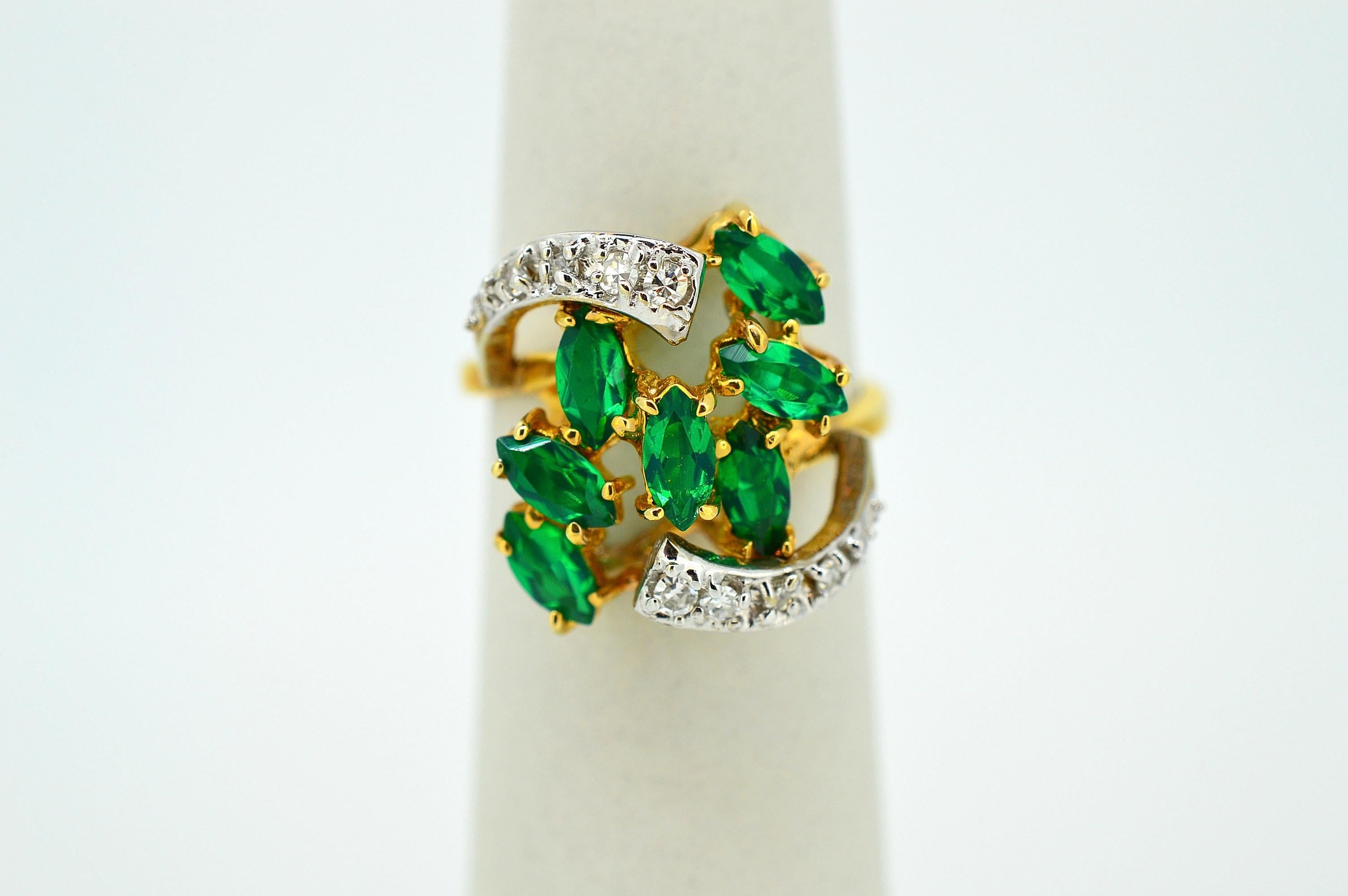 1960 's Style Green Beryl and Diamond 14K Yellow Gold Cocktail Ring  In Excellent Condition In Mount Kisco, NY