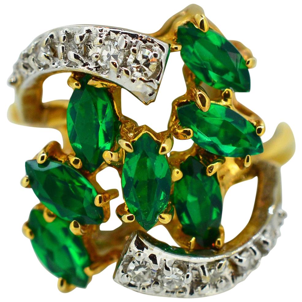 1960 's Style Green Beryl and Diamond 14K Yellow Gold Cocktail Ring 