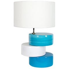 1960s Table Lamp by Kostka, White and Blue Enameled Ceramic, France