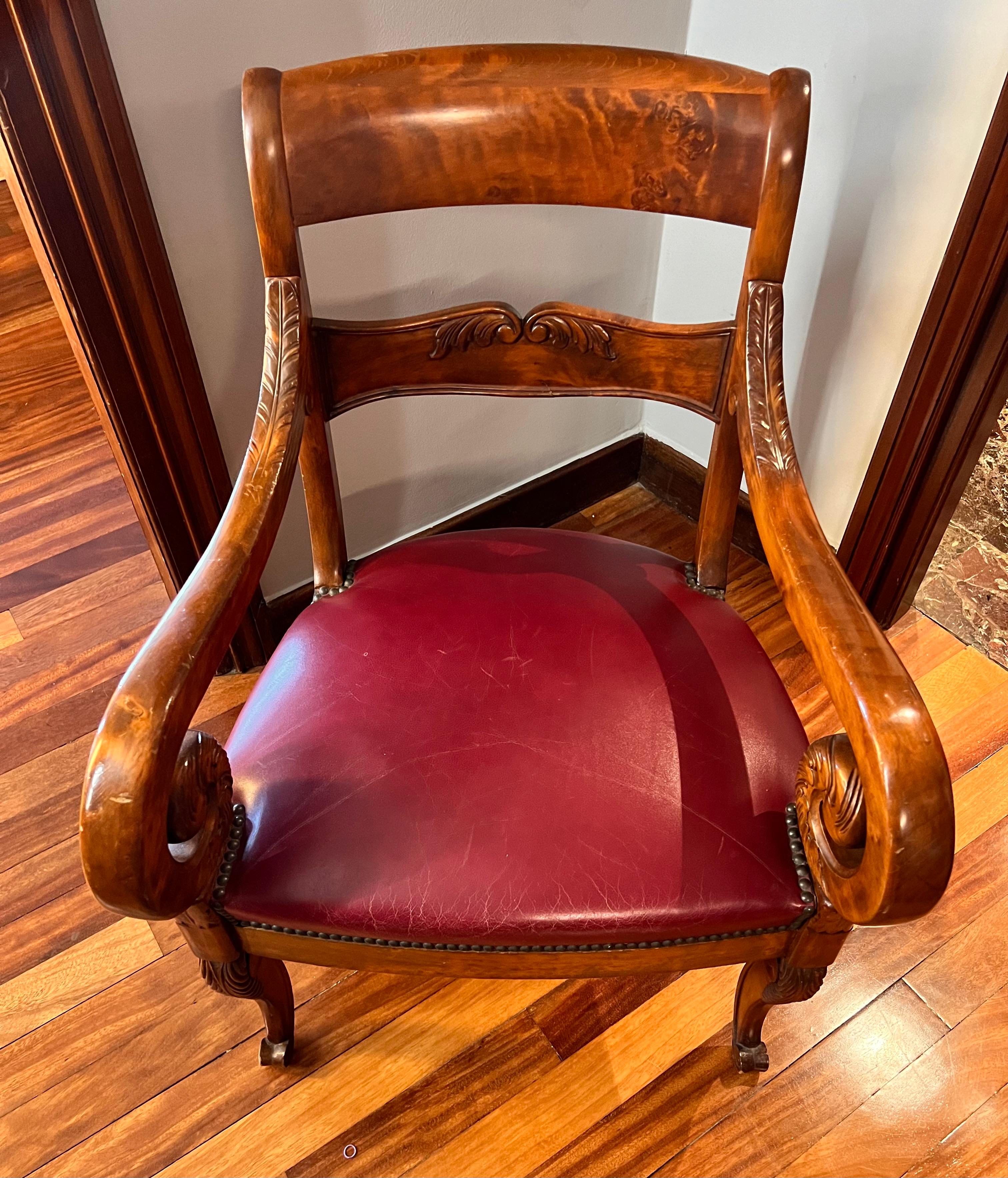 Walnut arm chair bierdemeir style with in bordeaux leather upholstery. 
Dimensions chair 
Height: 86cm seat 33.85cm.
Width: 22.83 in. (58cm). 
Depth: 19.29 in. (49cm). 

PRADERA is a second generation of a family run business jewelers of reference