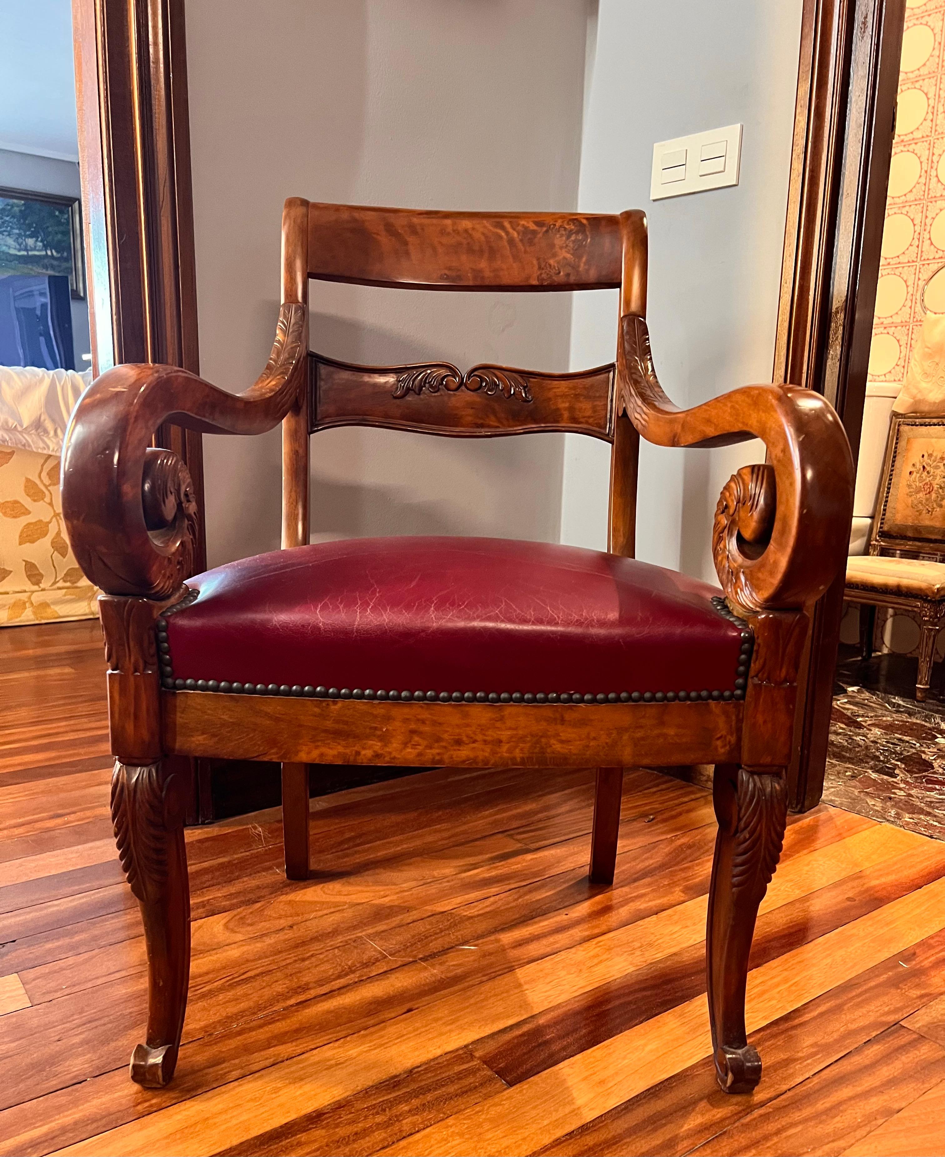 Biedermeier 1960´S, Walnut Arm Chair Bierdemeir Style with Bordeaux Leather Upholstery For Sale
