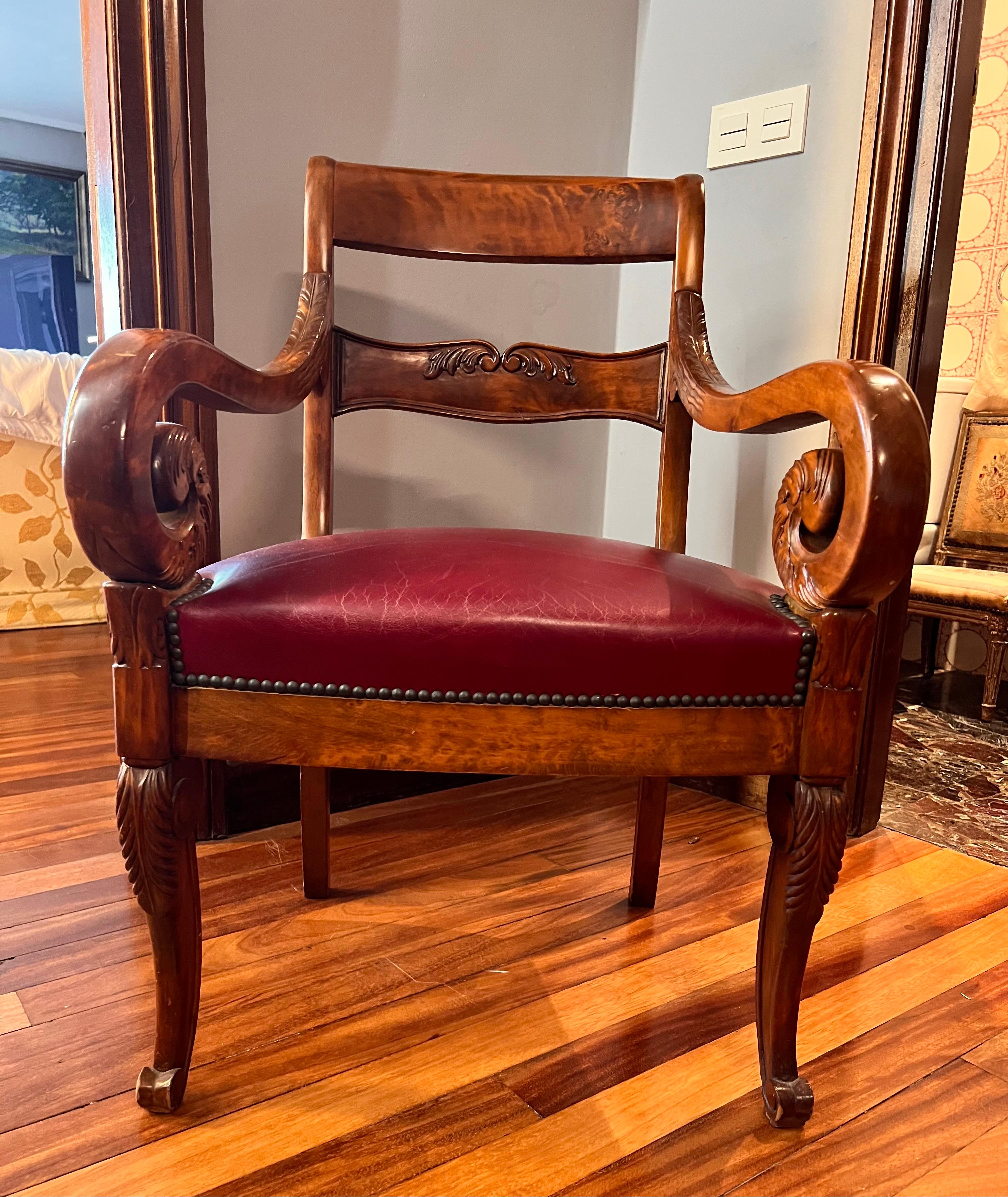 Spanish 1960´S, Walnut Arm Chair Bierdemeir Style with Bordeaux Leather Upholstery For Sale