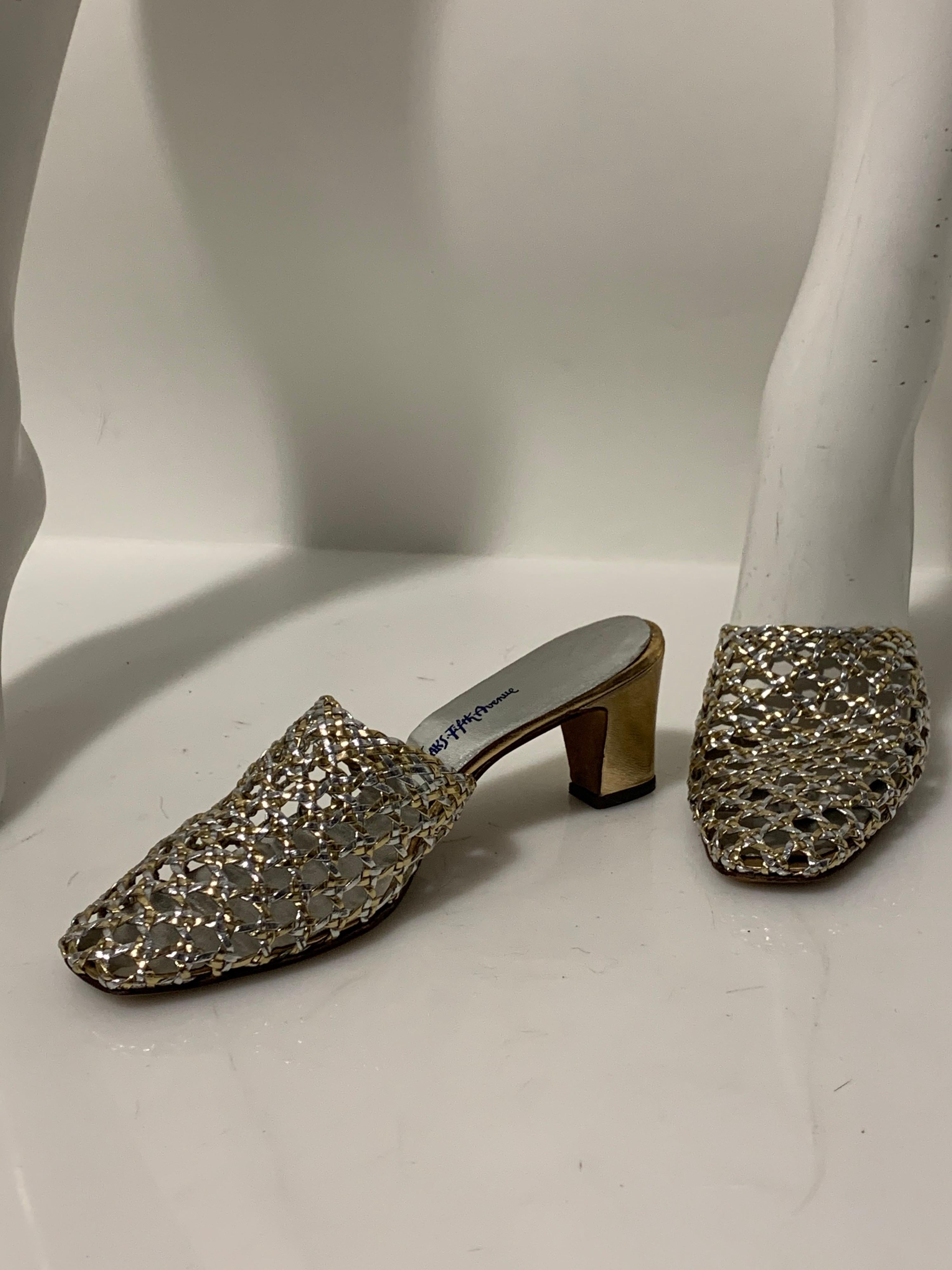 1960s Saks Fifth Avenue Mod mixed silver and gold basket-woven leather slide shoe. Open back with squared toe. Size 7.5M