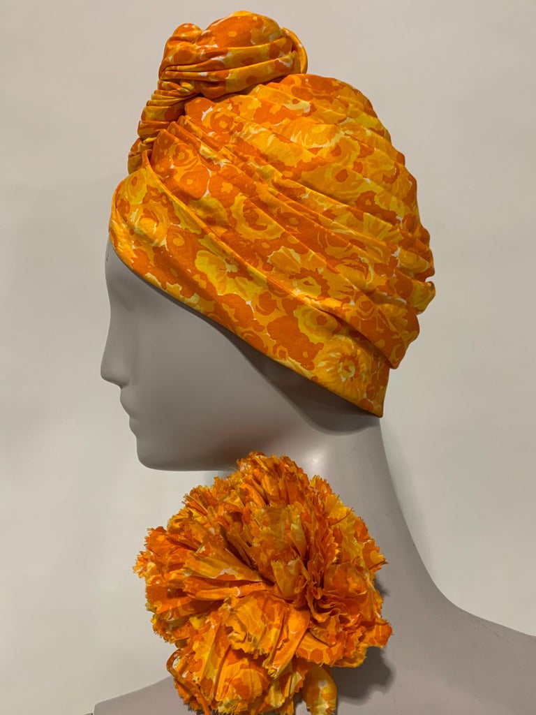 1960 Saks Silk Orange & Yellow Floral Print Turban W/ Twisted Knot & Corsage  For Sale 5