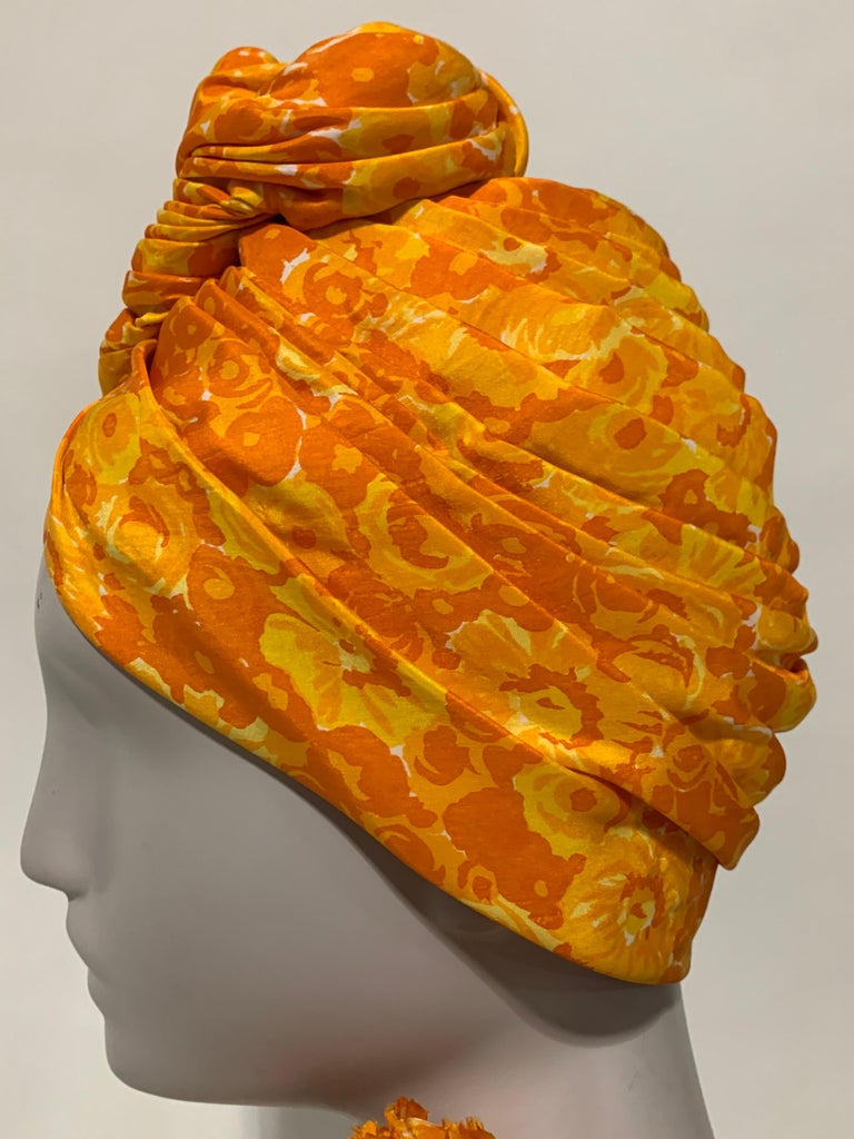 1960 Saks Silk Orange & Yellow Floral Print Turban W/ Twisted Knot & Corsage  For Sale 7