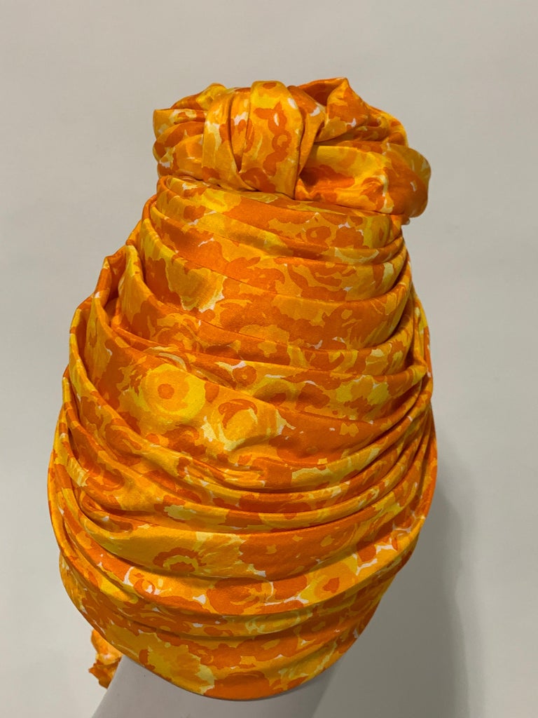1960 Saks Silk Orange & Yellow Floral Print Turban W/ Twisted Knot & Corsage  For Sale 8