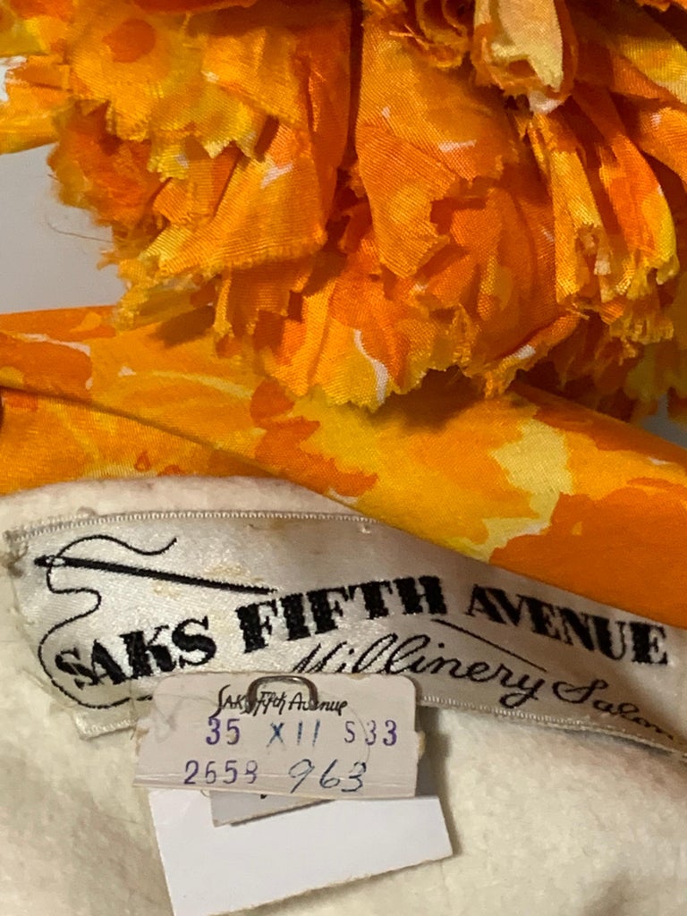 1960 Saks Silk Orange & Yellow Floral Print Turban W/ Twisted Knot & Corsage  For Sale 9