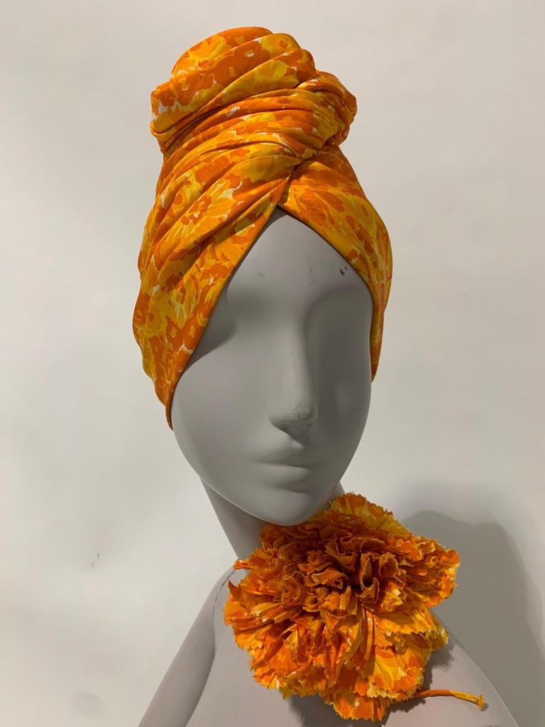 Brown 1960 Saks Silk Orange & Yellow Floral Print Turban W/ Twisted Knot & Corsage  For Sale