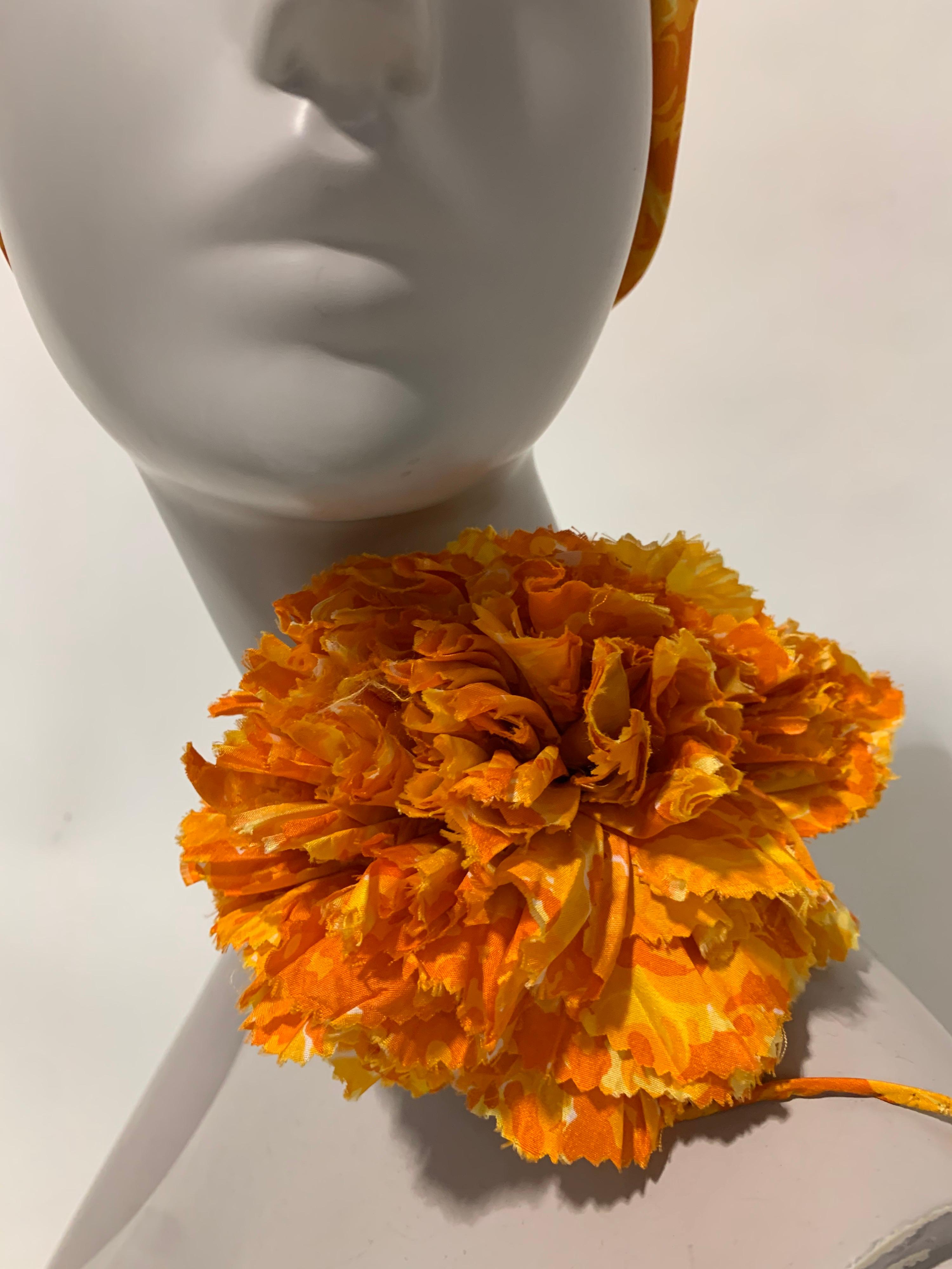 1960 Saks Silk Orange & Yellow Floral Print Turban W/ Twisted Knot & Corsage  In New Condition For Sale In Gresham, OR