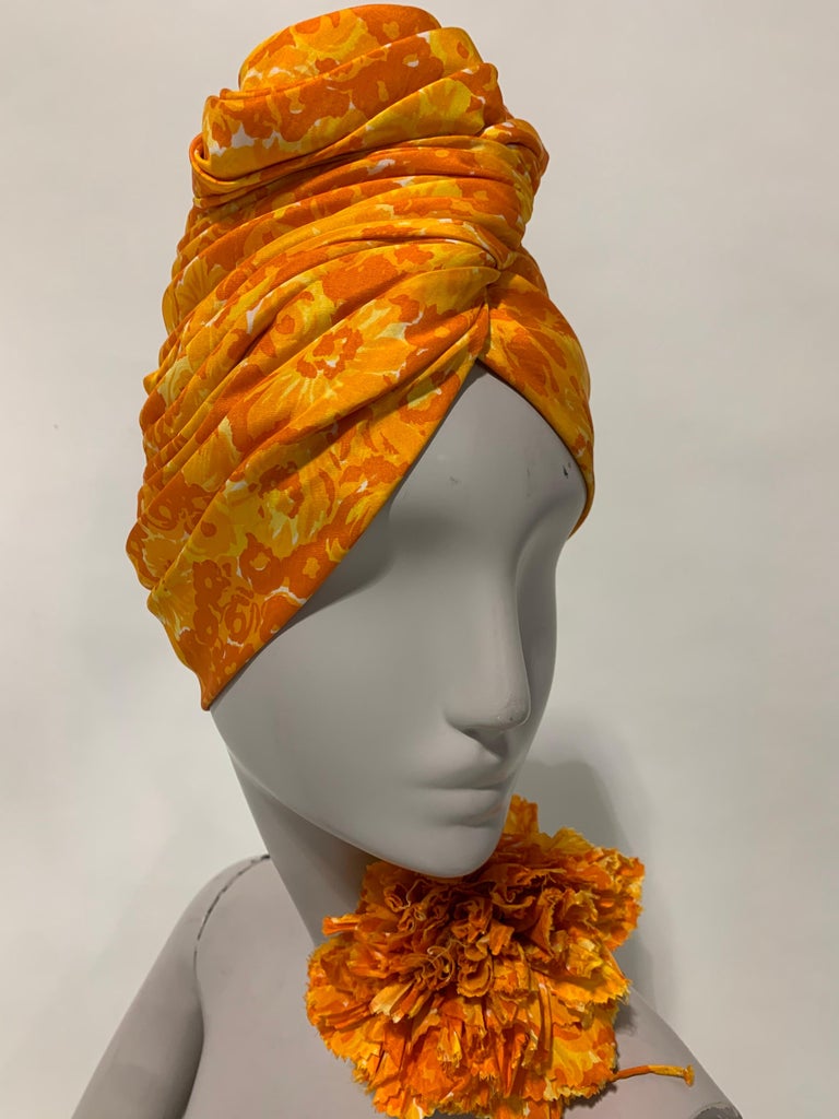 Women's 1960 Saks Silk Orange & Yellow Floral Print Turban W/ Twisted Knot & Corsage  For Sale