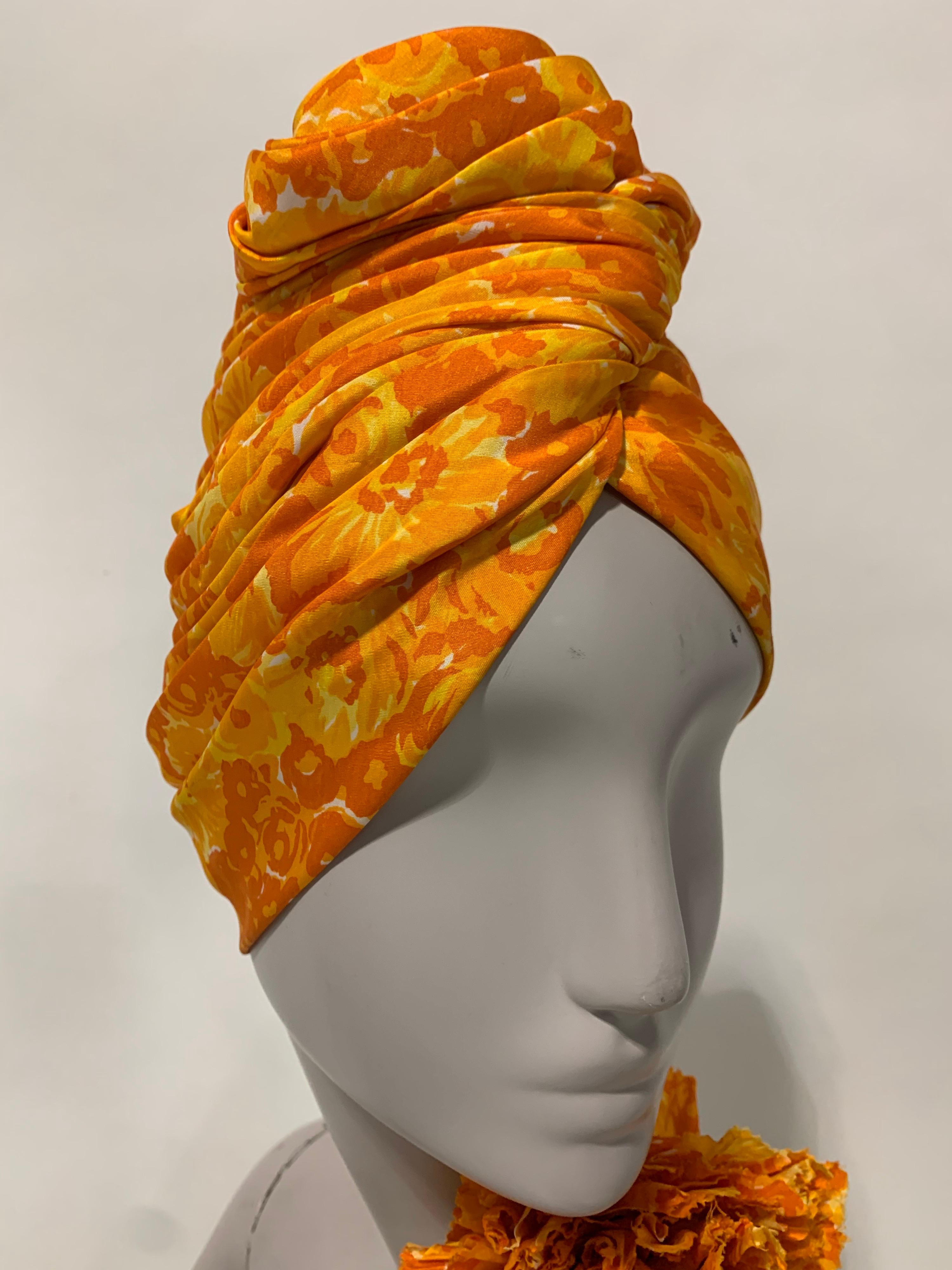 1960 Saks Silk Orange & Yellow Floral Print Turban W/ Twisted Knot & Corsage  For Sale 1